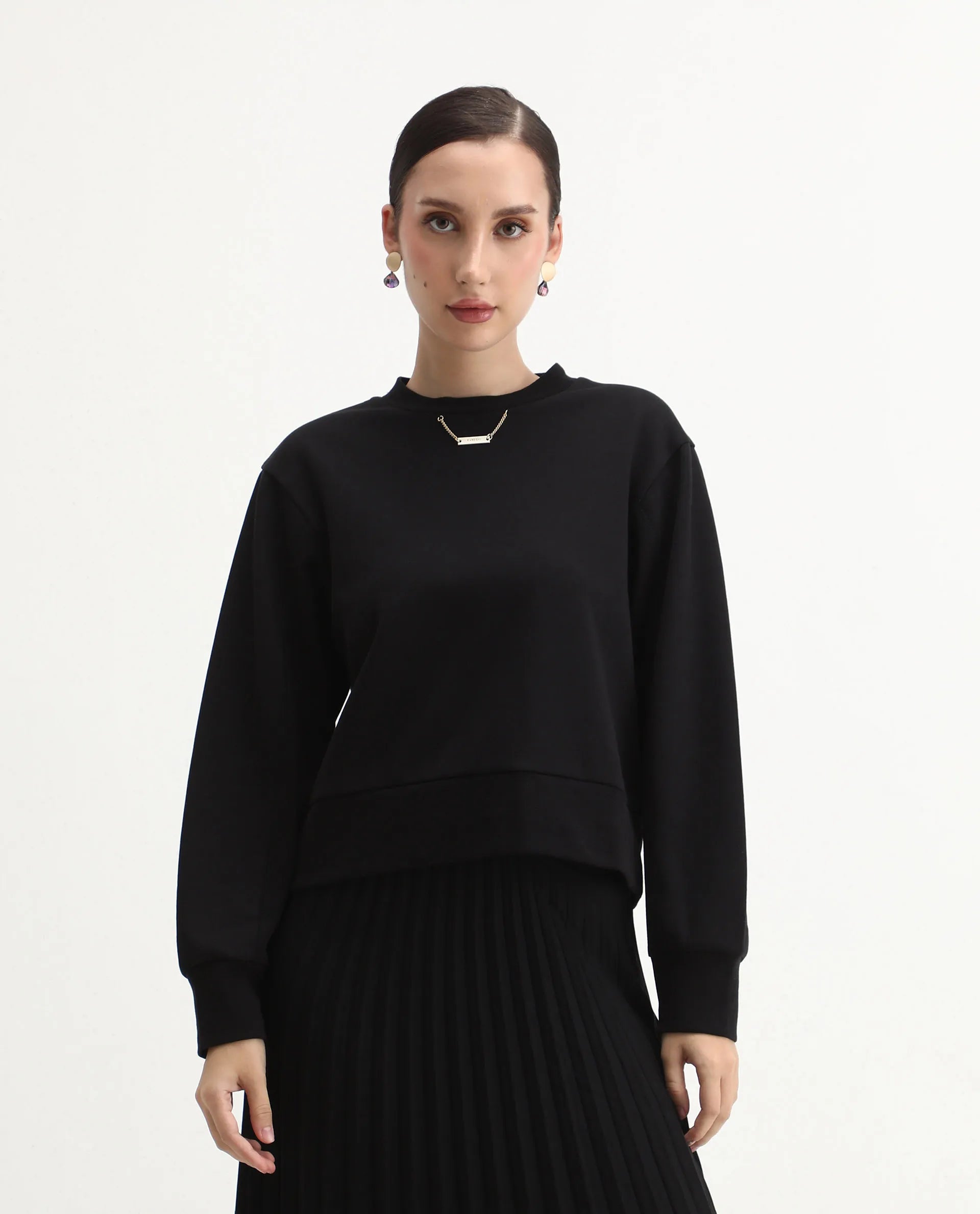 Rareism Women's Naz Black Cotton Blend Fabric Crew Neck Relaxed Fit Printed Sweatshirt