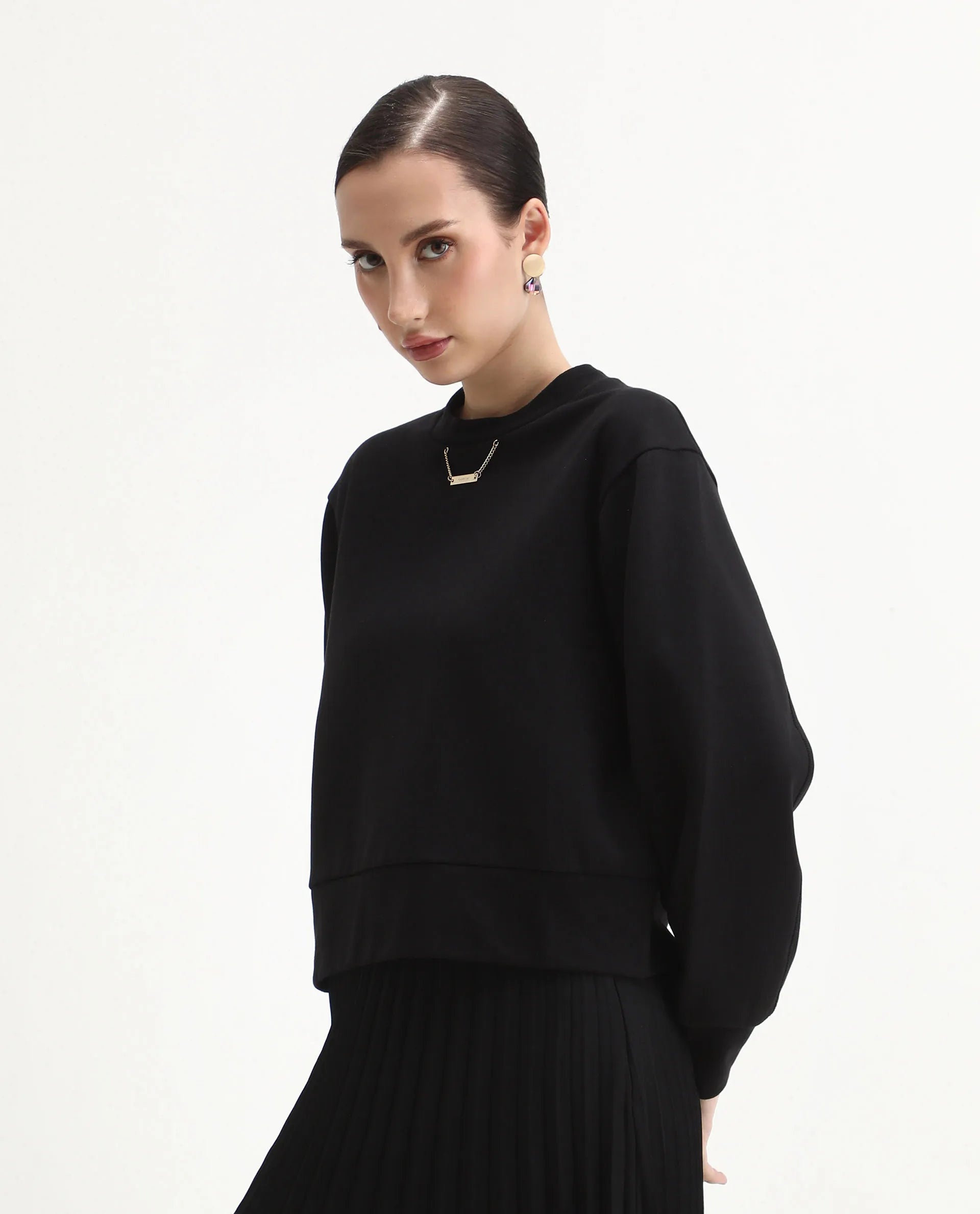 Rareism Women's Naz Black Cotton Blend Fabric Crew Neck Relaxed Fit Printed Sweatshirt