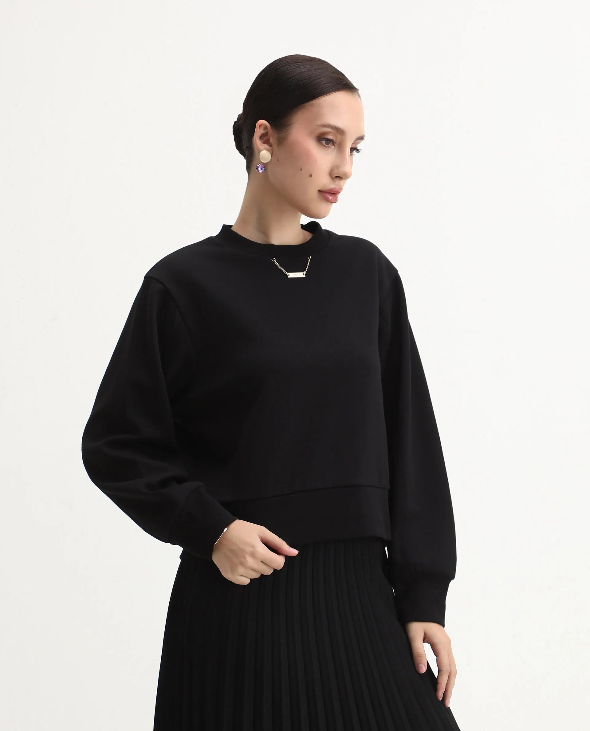 Rareism Women's Naz Black Cotton Blend Fabric Crew Neck Relaxed Fit Printed Sweatshirt