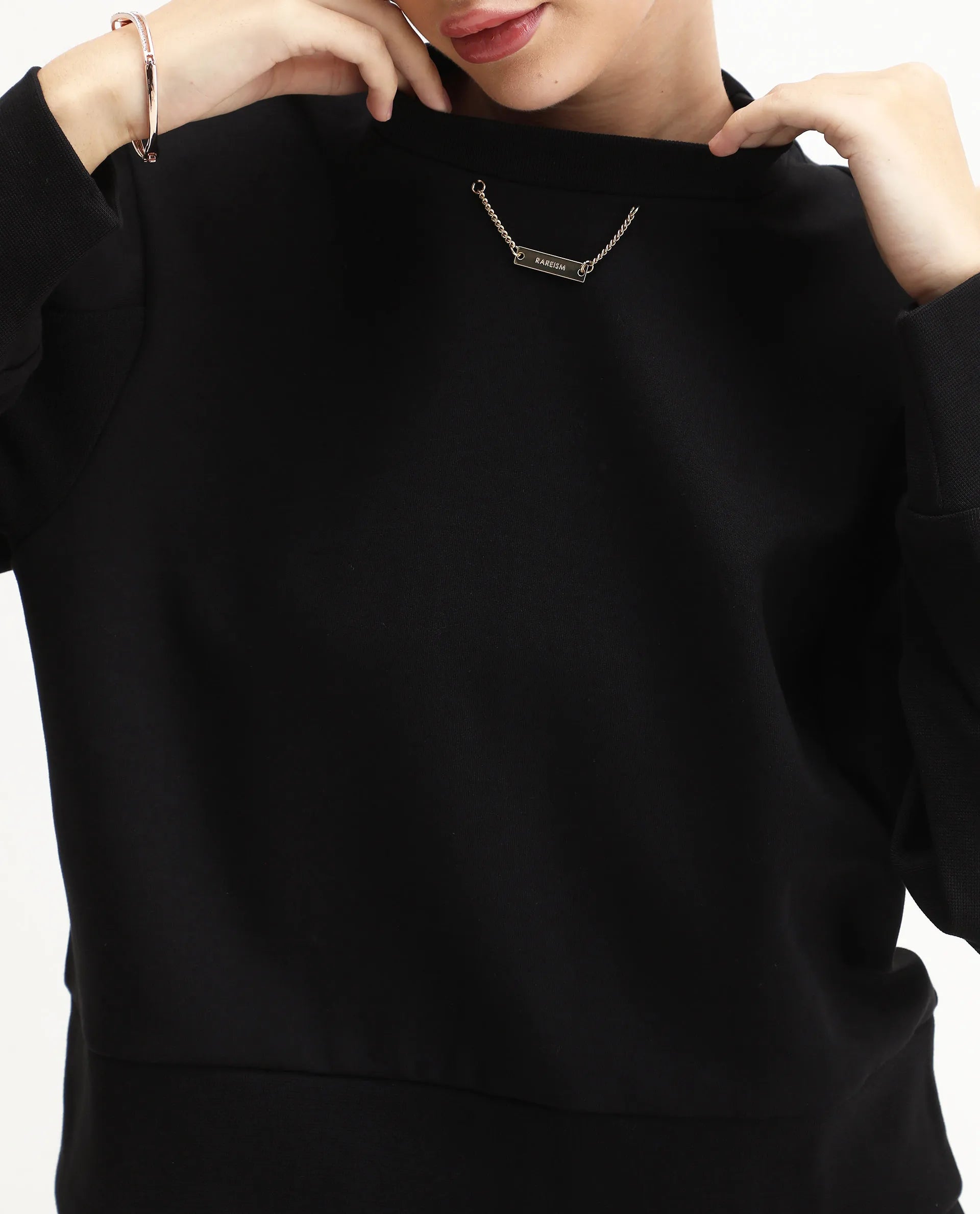 Rareism Women's Naz Black Cotton Blend Fabric Crew Neck Relaxed Fit Printed Sweatshirt