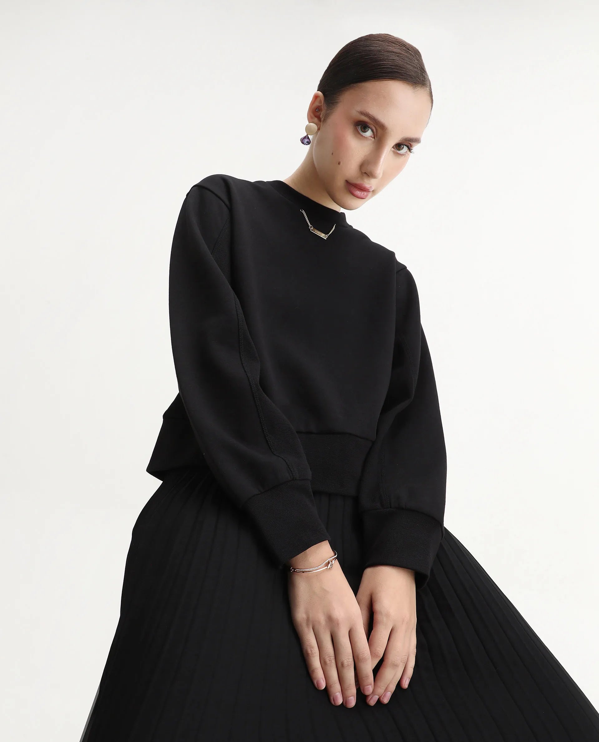 Rareism Women's Naz Black Cotton Blend Fabric Crew Neck Relaxed Fit Printed Sweatshirt