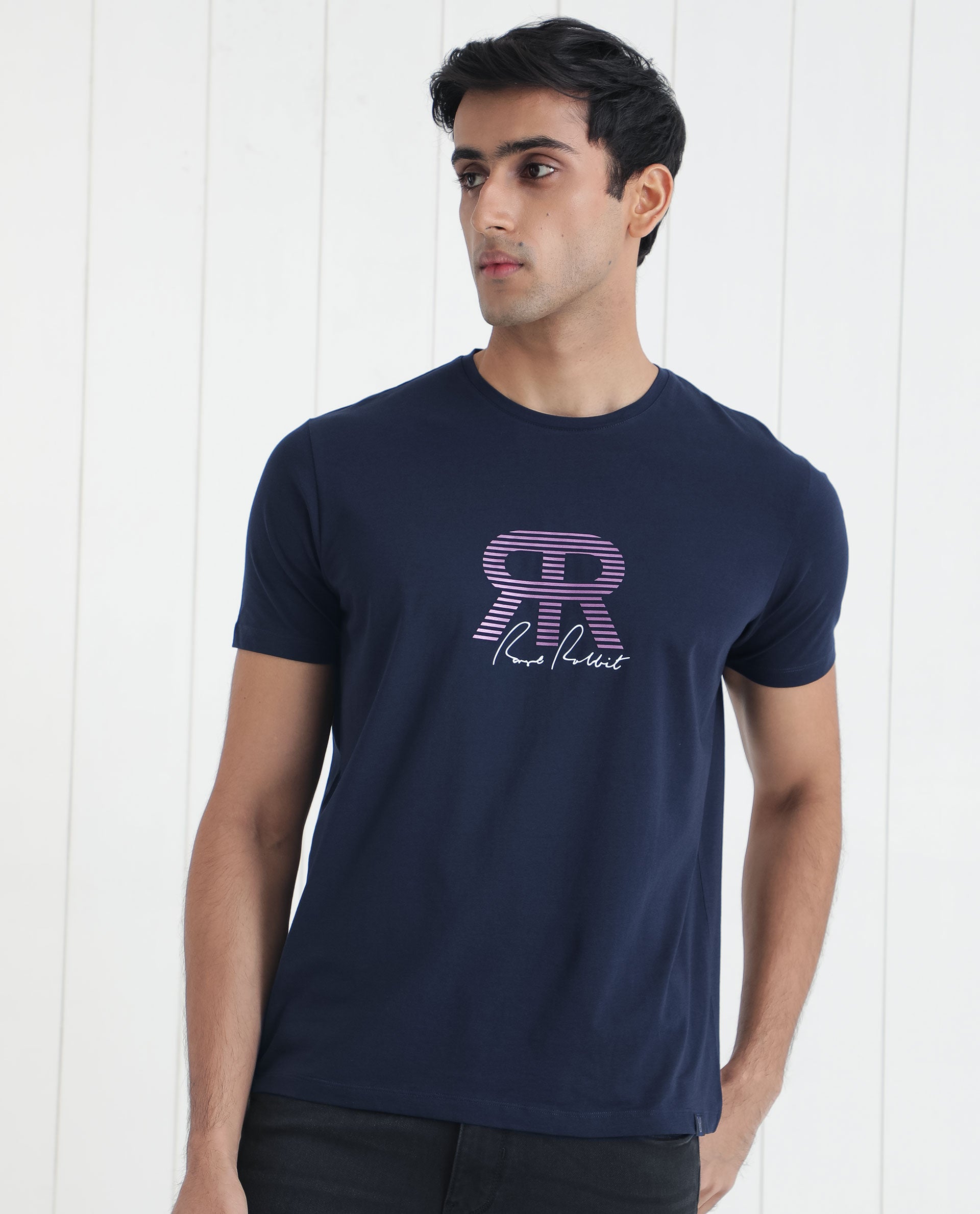 Rare Rabbit Men's Neary Navy Crew Neck Graphic Print Branding Half Sleeve Regular Fit T-Shirt