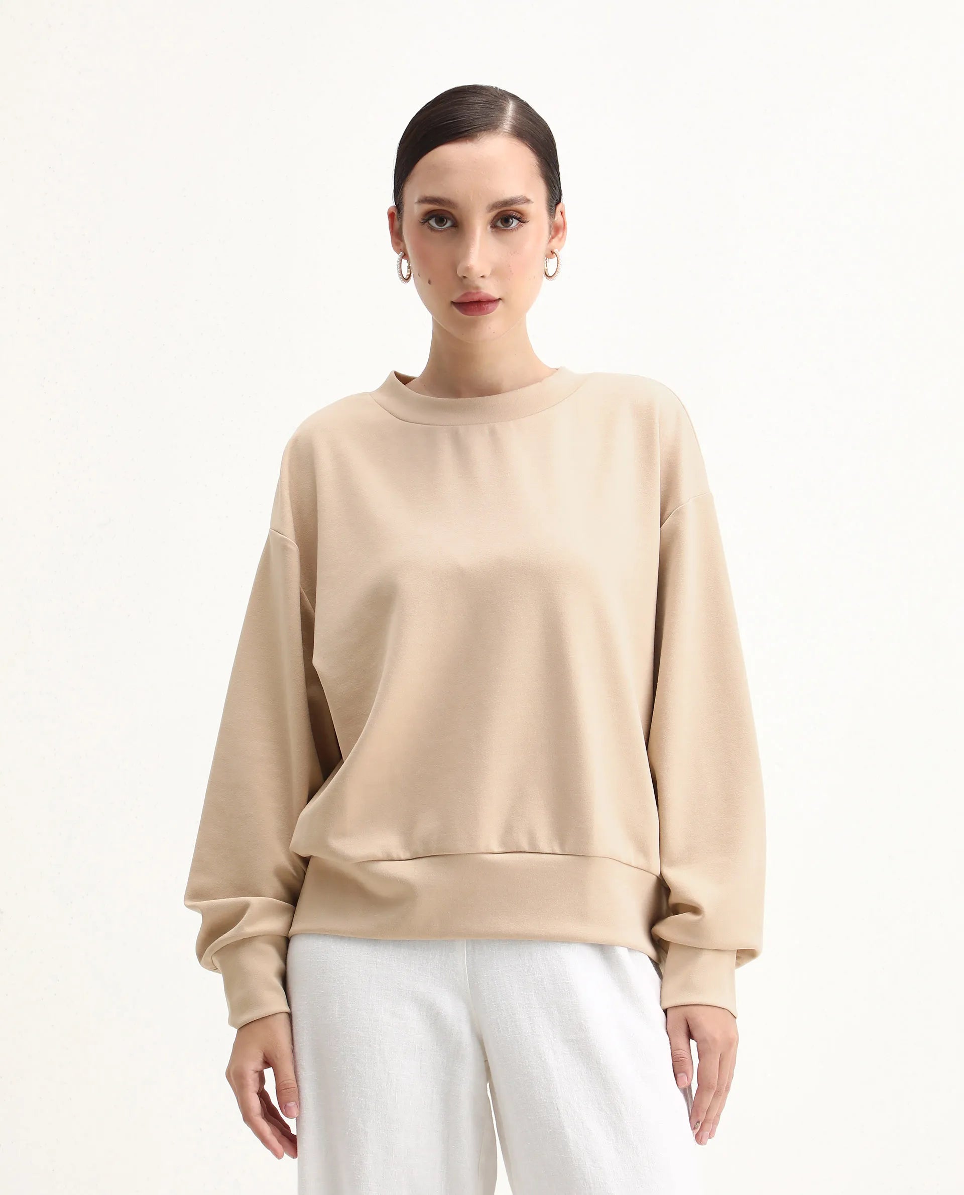 Rareism Women's Nebo Beige Modal Blend Fabric Crew Neck Relaxed Fit Printed Sweatshirt