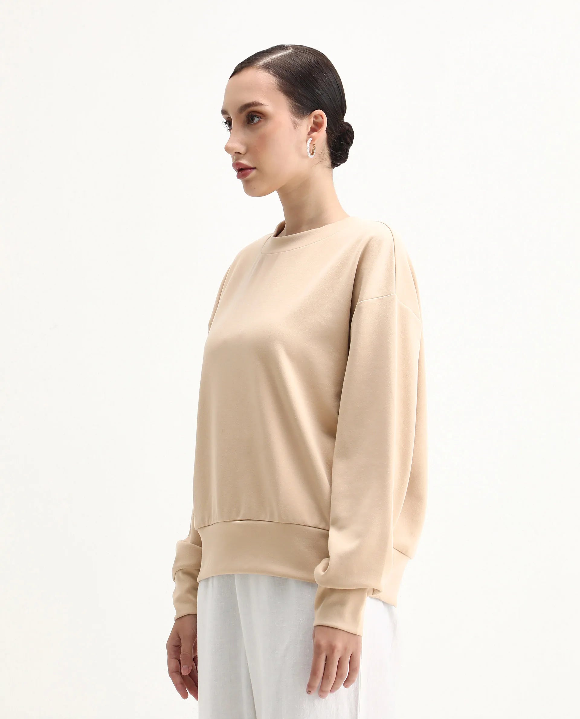 Rareism Women's Nebo Beige Modal Blend Fabric Crew Neck Relaxed Fit Printed Sweatshirt