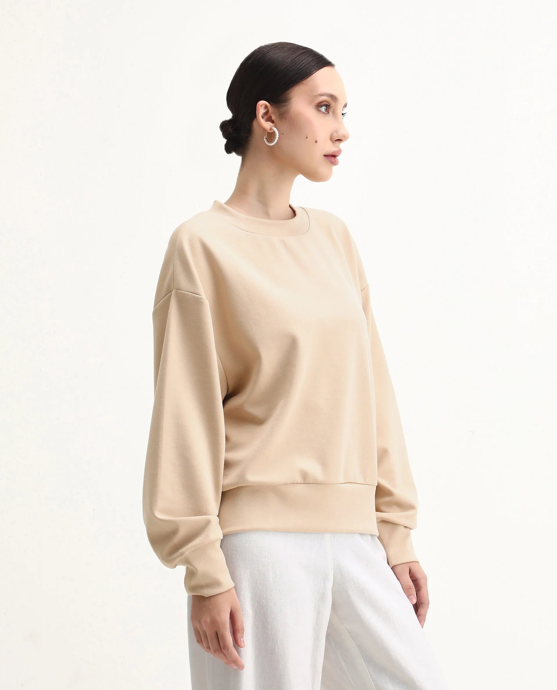 Rareism Women's Nebo Beige Modal Blend Fabric Crew Neck Relaxed Fit Printed Sweatshirt