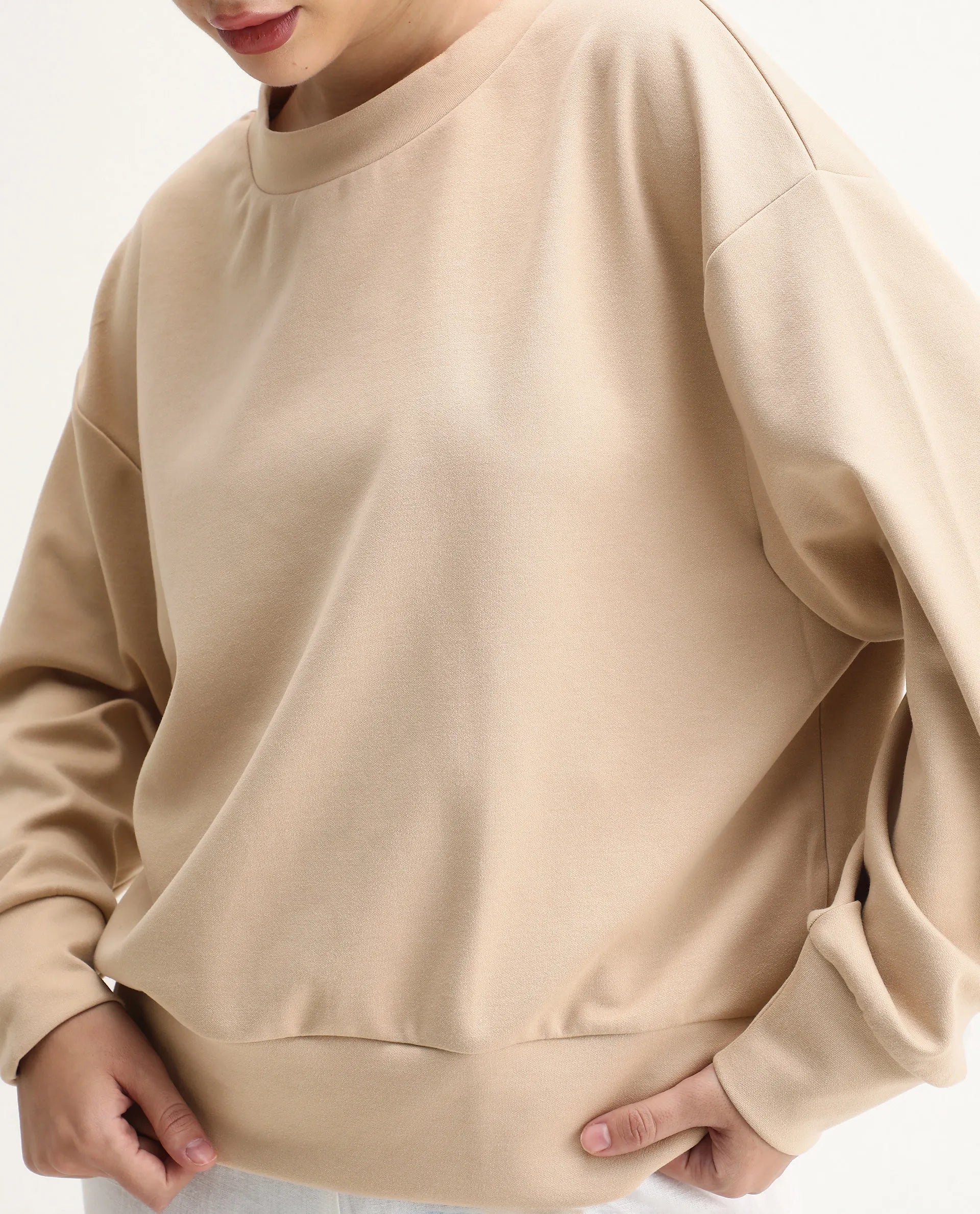 Rareism Women's Nebo Beige Modal Blend Fabric Crew Neck Relaxed Fit Printed Sweatshirt