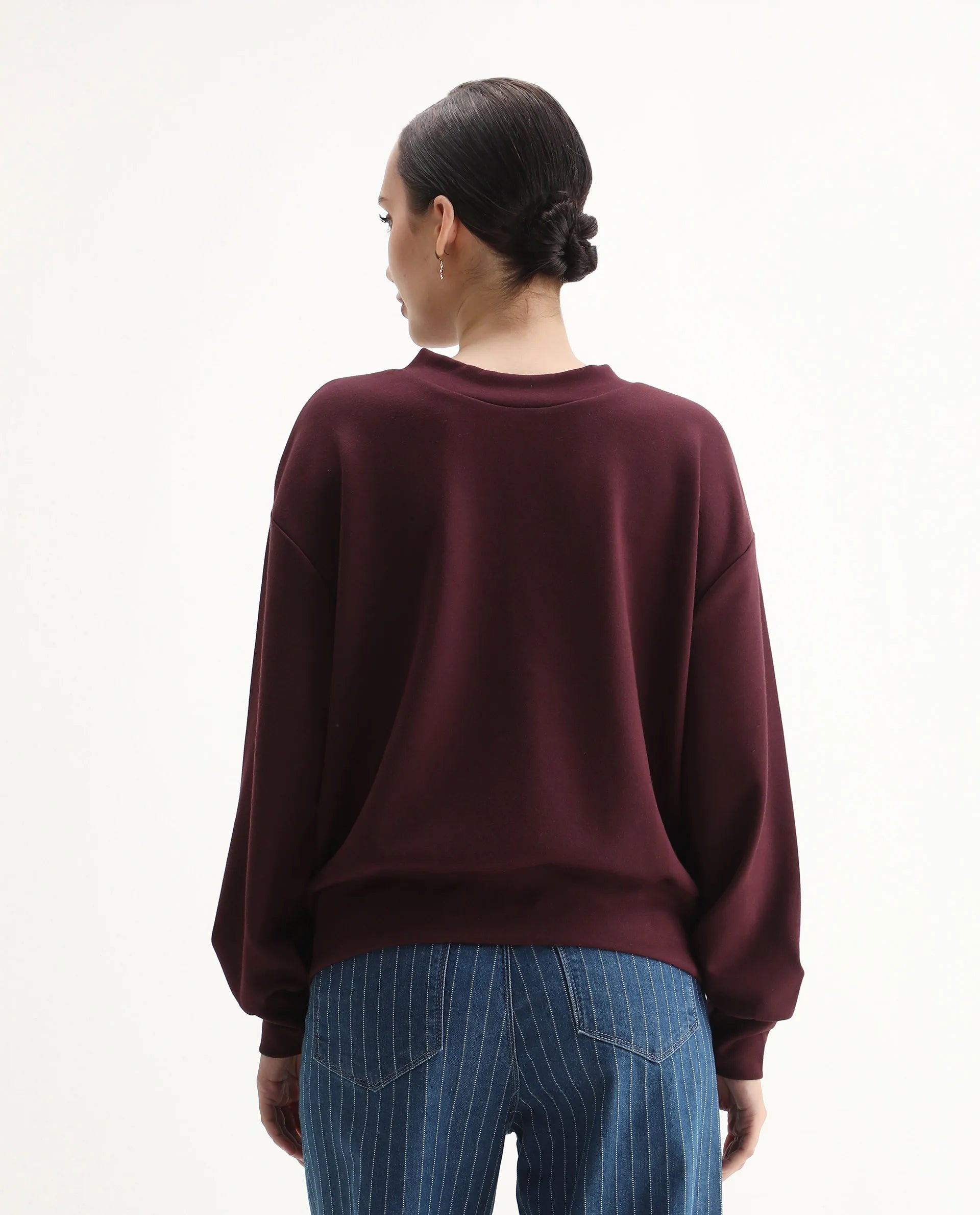 Rareism Women's Nebo Dark Maroon Modal Blend Fabric Crew Neck Relaxed Fit Printed Sweatshirt