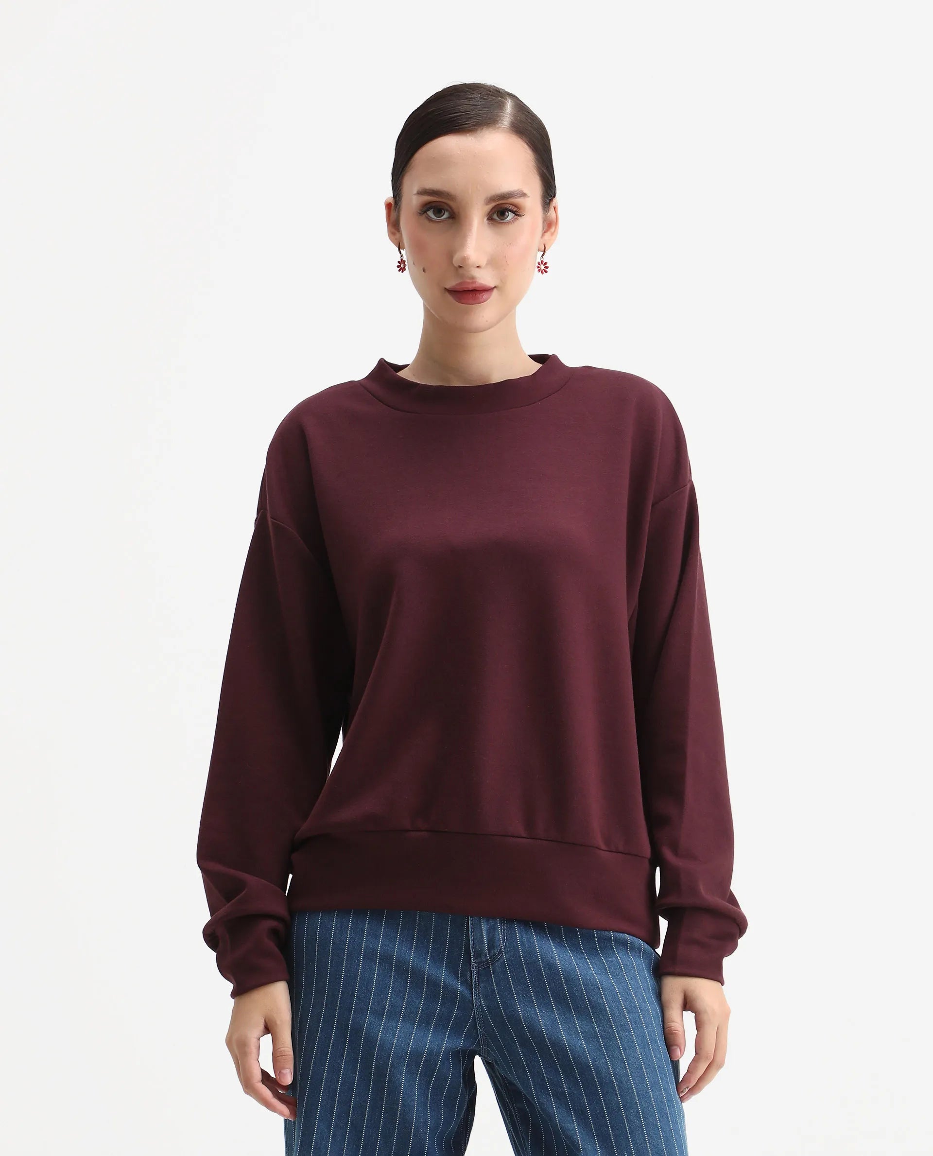 Rareism Women's Nebo Dark Maroon Modal Blend Fabric Crew Neck Relaxed Fit Printed Sweatshirt
