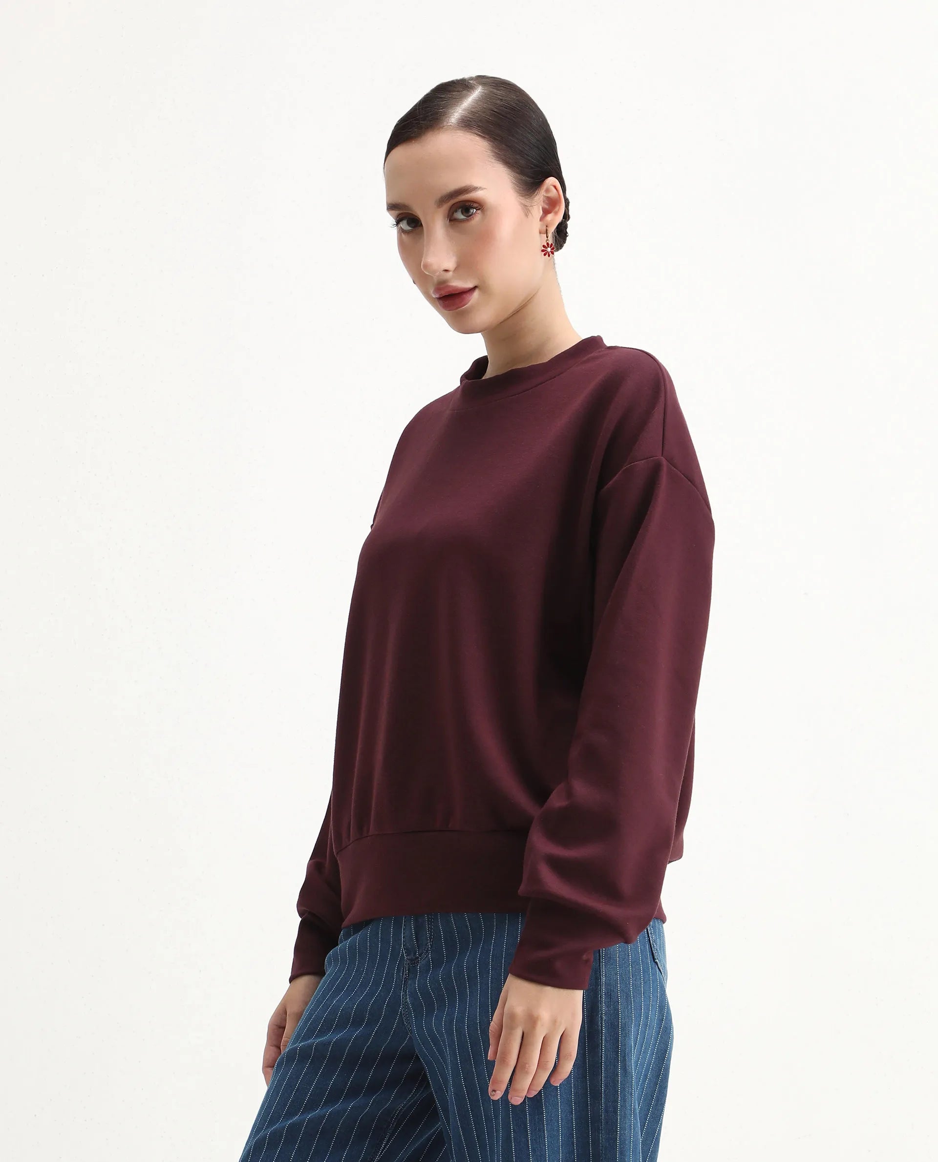 Rareism Women's Nebo Dark Maroon Modal Blend Fabric Crew Neck Relaxed Fit Printed Sweatshirt
