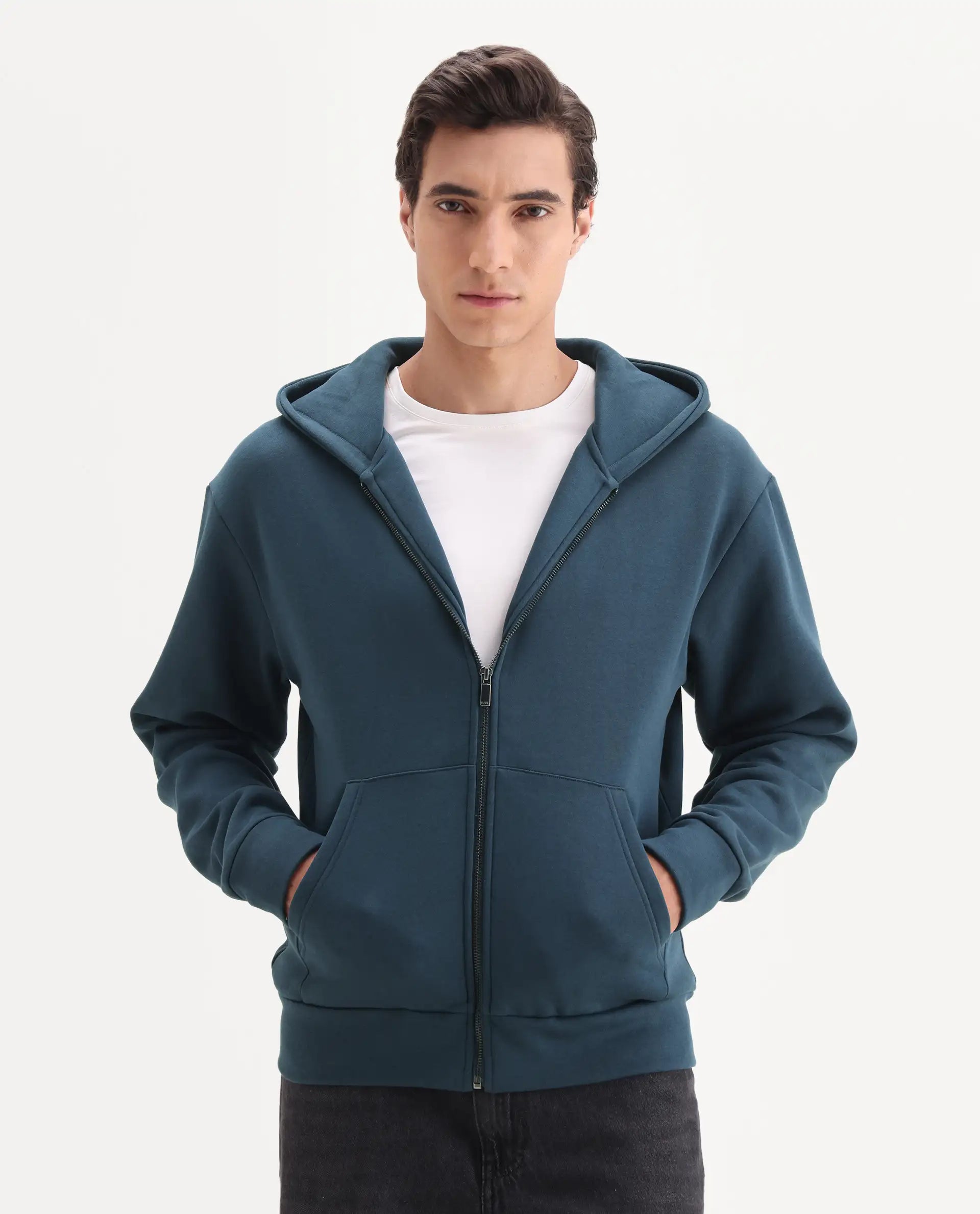 Rare Rabbit Men's Nedon Dark Teal Cotton Blend Fabric Full Sleeves Hooded Zipper Closure Typography Print Sweatshirt
