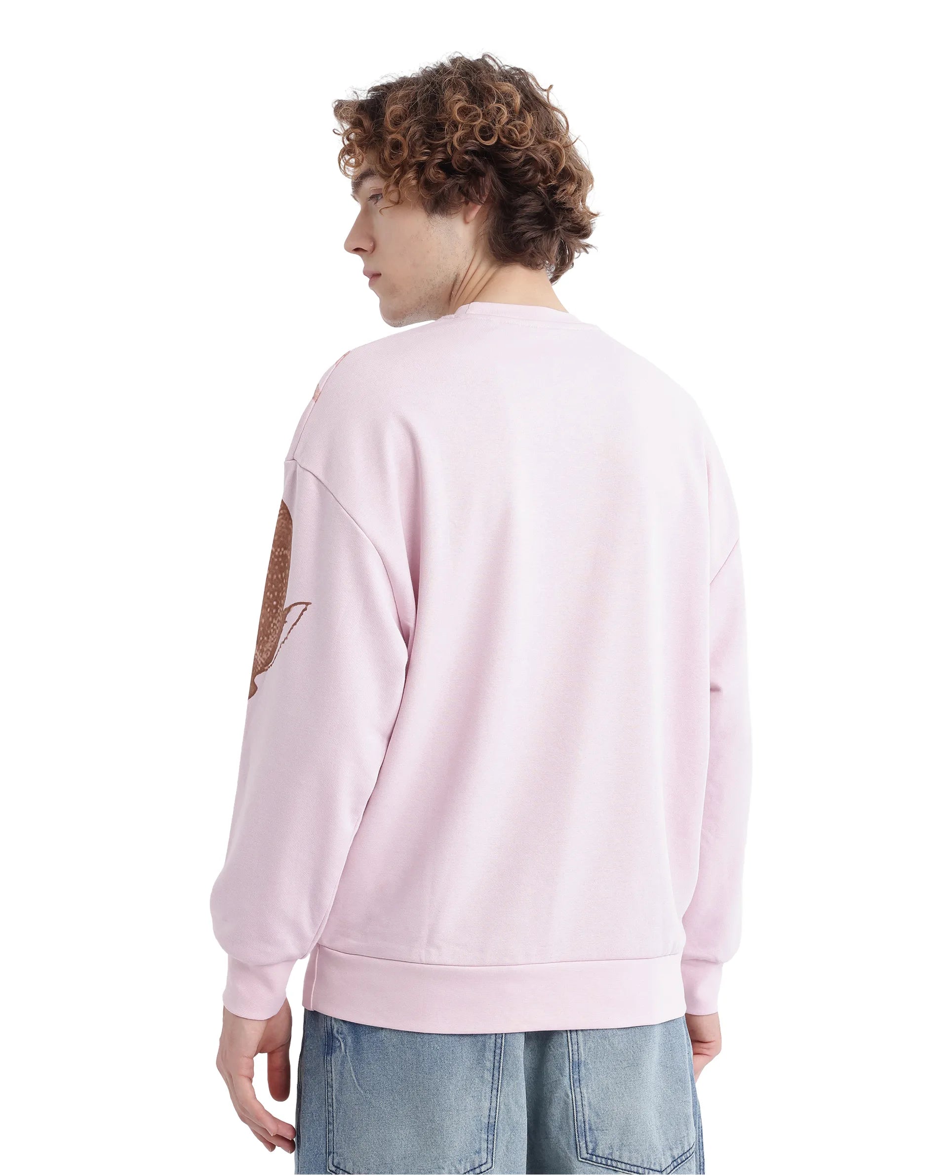 Rare Rabbit Men's Nellei Light Pink Cotton Blend Fabric Full Sleeve Crew Neck Boxy Fit Animal and Typography Print Sweatshirt