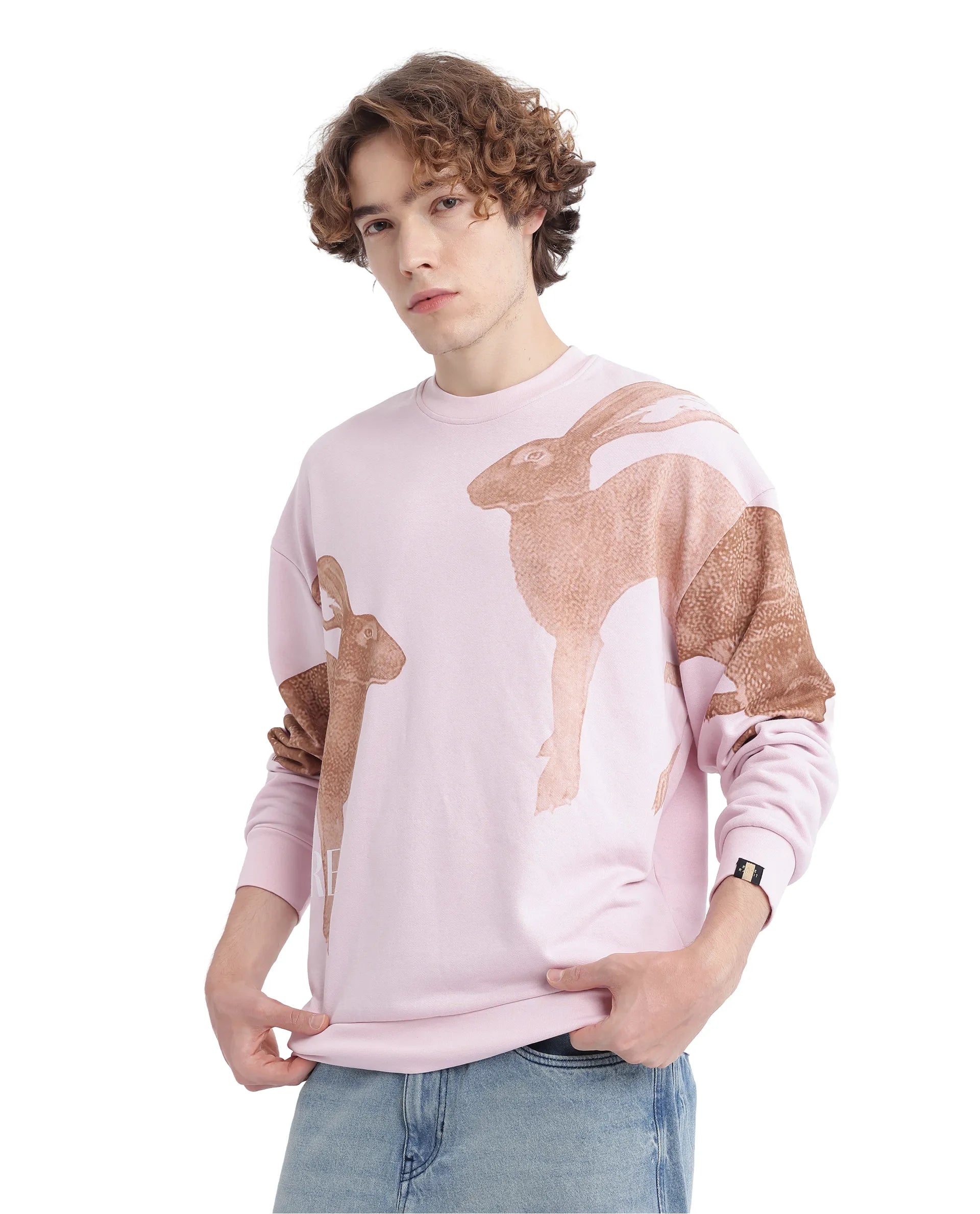 Rare Rabbit Men's Nellei Light Pink Cotton Blend Fabric Full Sleeve Crew Neck Boxy Fit Animal and Typography Print Sweatshirt