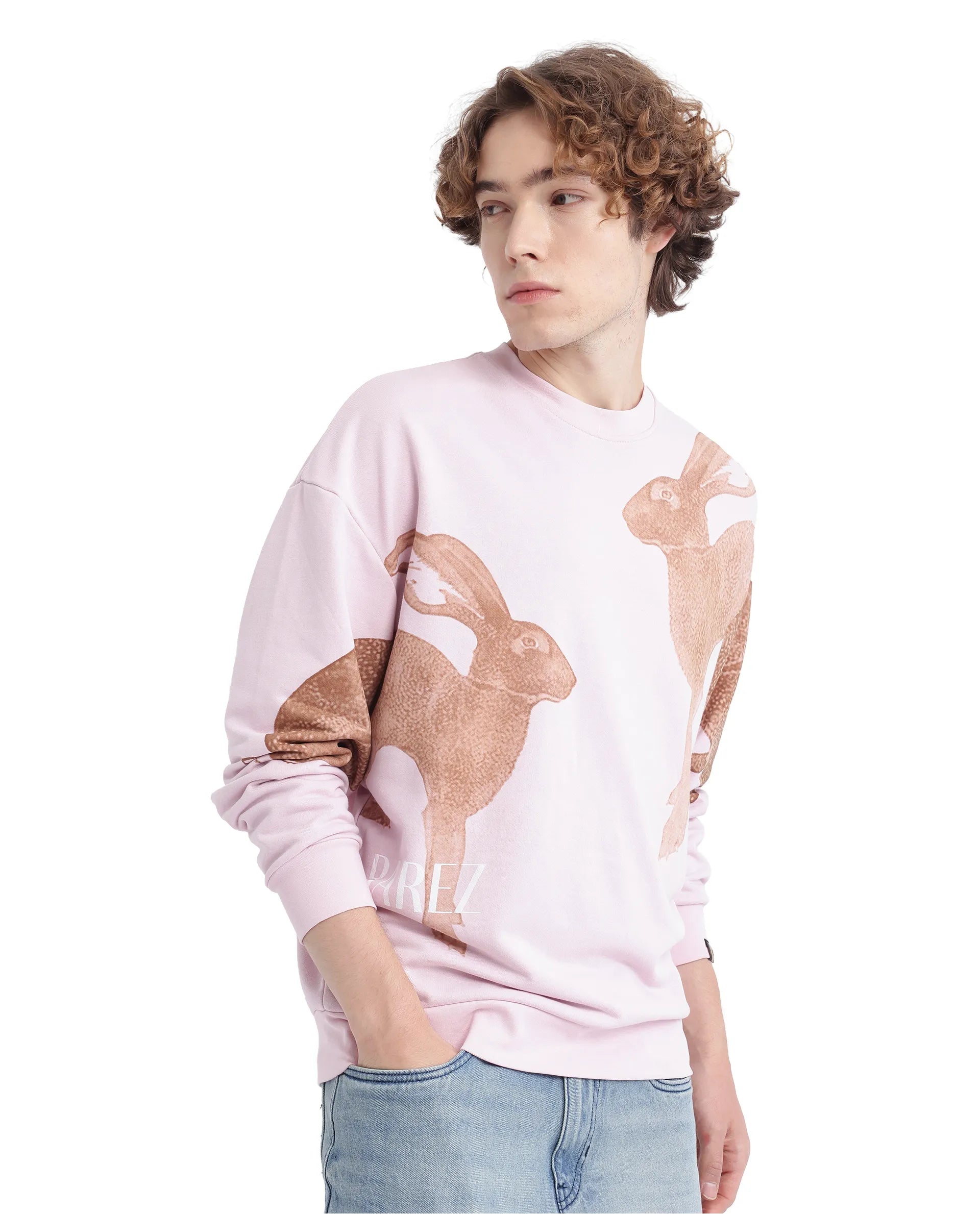 Rare Rabbit Men's Nellei Light Pink Cotton Blend Fabric Full Sleeve Crew Neck Boxy Fit Animal and Typography Print Sweatshirt