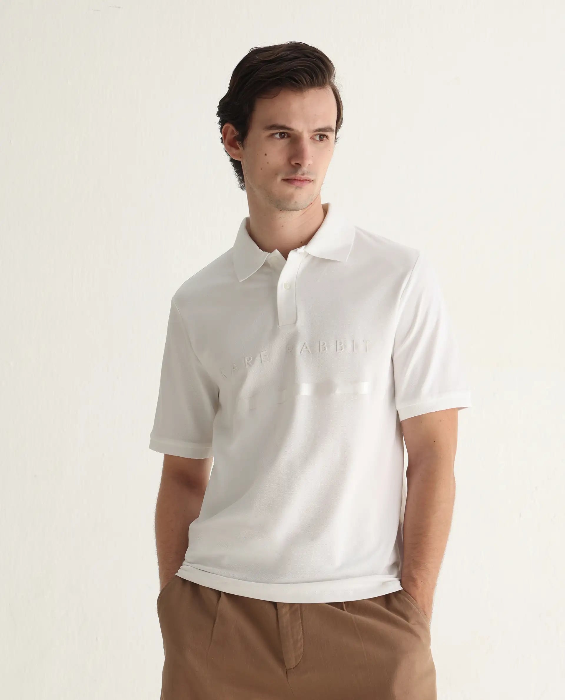 Rare Rabbit Men's Nellit White Cotton Plain Regular Fit Half Sleeve Polo