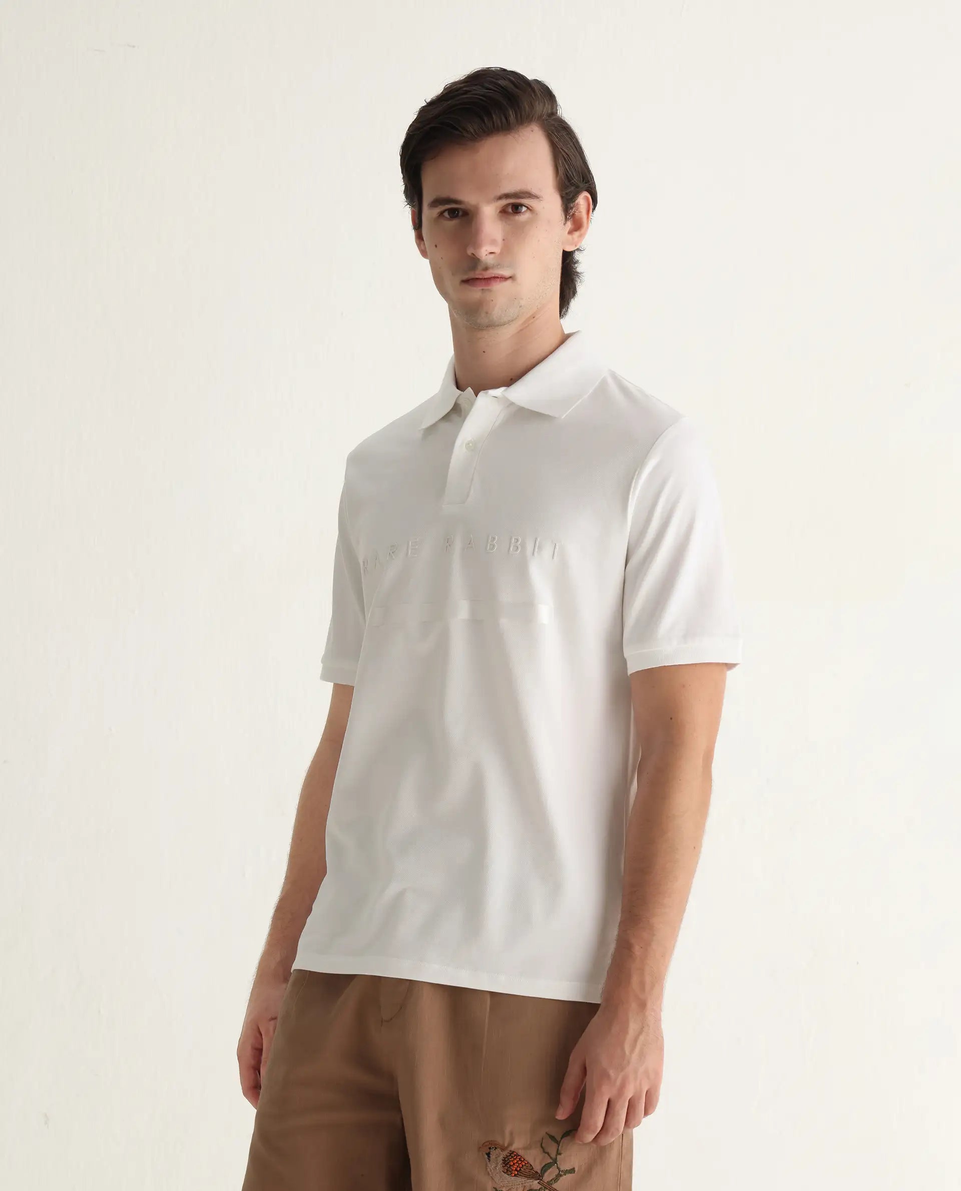 Rare Rabbit Men's Nellit White Cotton Plain Regular Fit Half Sleeve Polo