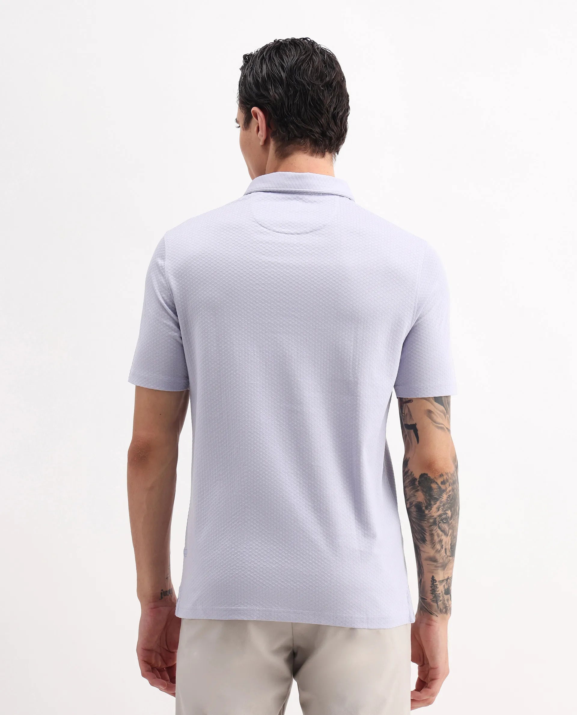 Rare Rabbit Men's Nielson Pastel Blue Cotton Textured Regular Fit Half Sleeve Polo