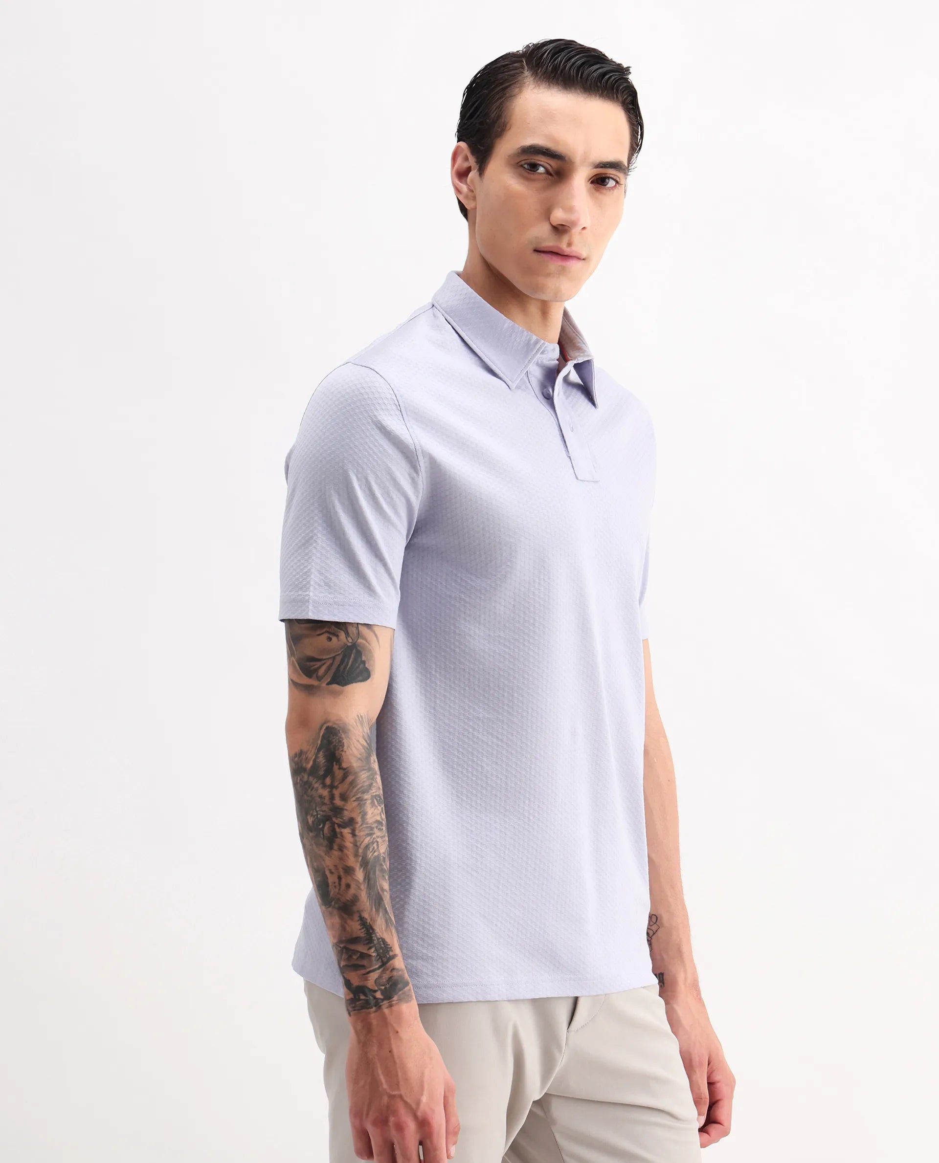 Rare Rabbit Men's Nielson Pastel Blue Cotton Textured Regular Fit Half Sleeve Polo