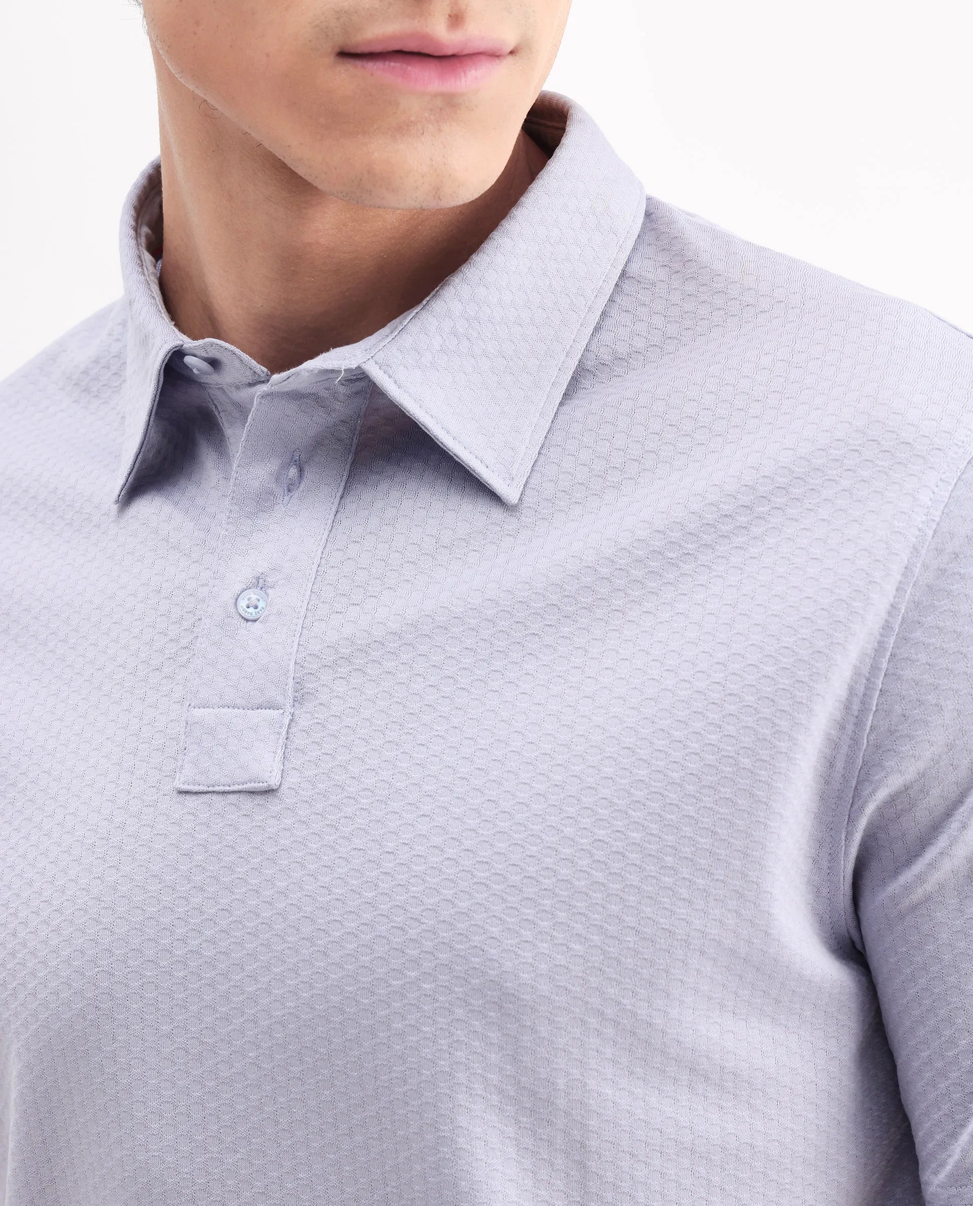 Rare Rabbit Men's Nielson Pastel Blue Cotton Textured Regular Fit Half Sleeve Polo