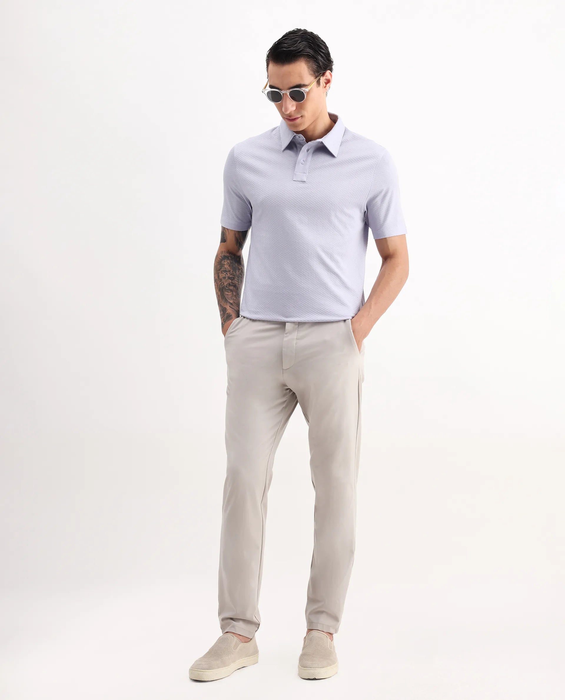 Rare Rabbit Men's Nielson Pastel Blue Cotton Textured Regular Fit Half Sleeve Polo