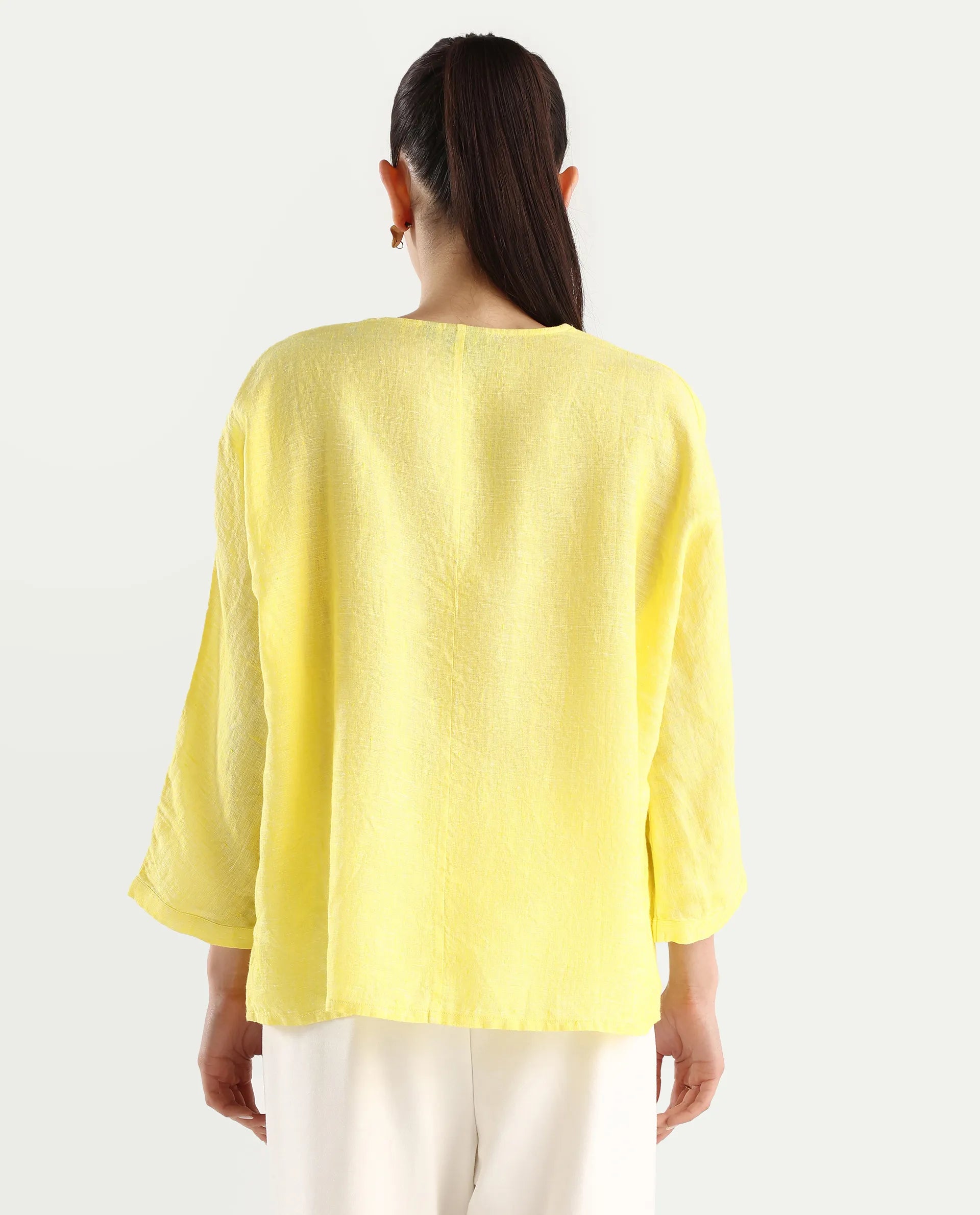 Rareism Women's Nenma Yellow 100% Linen Kimono Sleeve V-Neck Plain Top