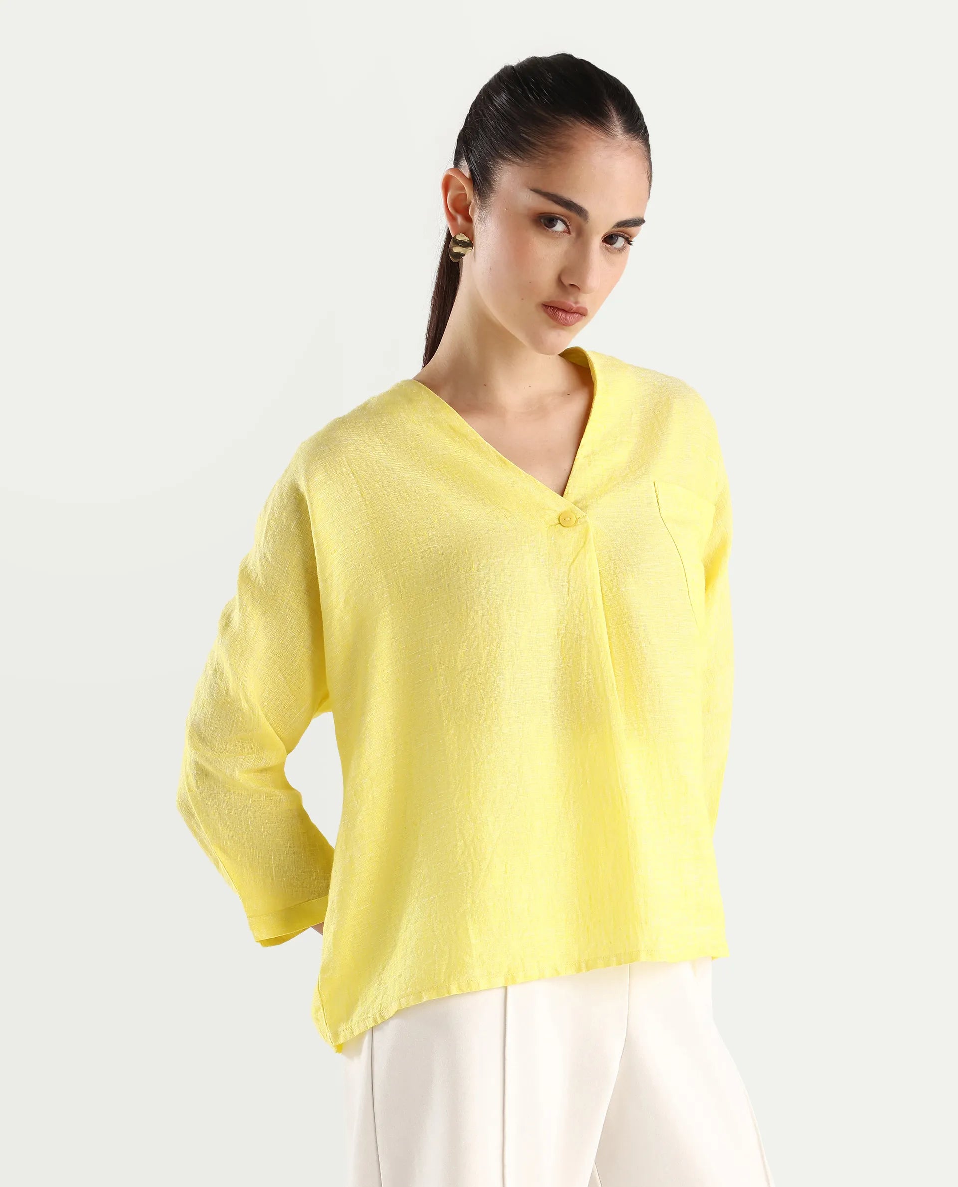 Rareism Women's Nenma Yellow 100% Linen Kimono Sleeve V-Neck Plain Top