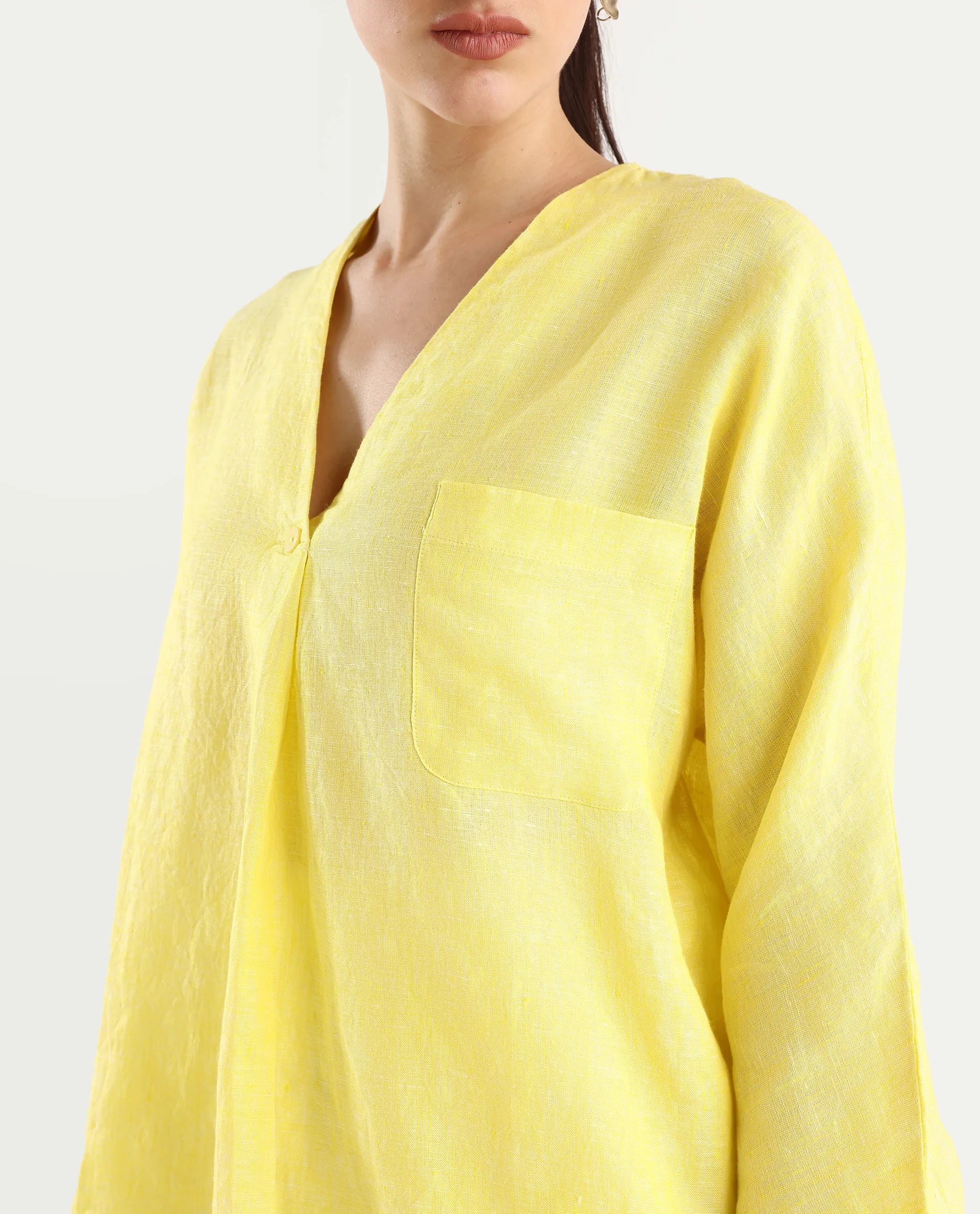 Rareism Women's Nenma Yellow 100% Linen Kimono Sleeve V-Neck Plain Top