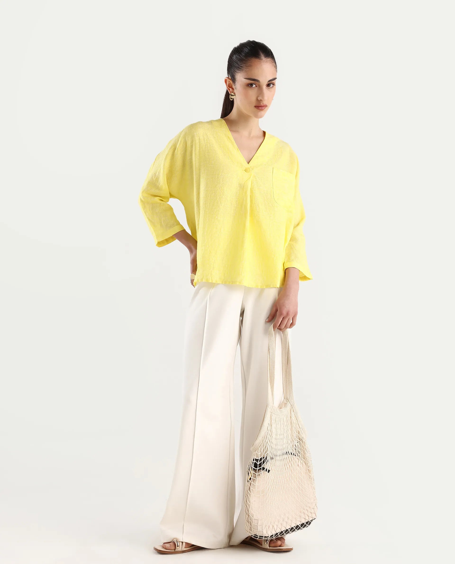 Rareism Women's Nenma Yellow 100% Linen Kimono Sleeve V-Neck Plain Top
