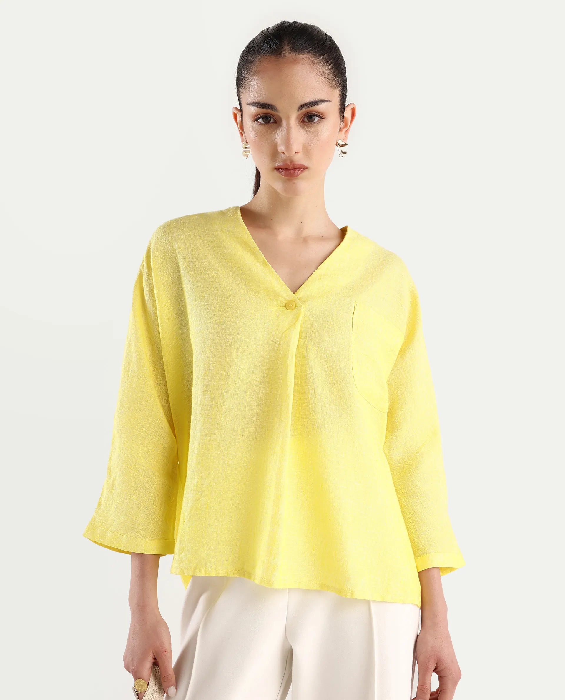 Rareism Women's Nenma Yellow 100% Linen Kimono Sleeve V-Neck Plain Top
