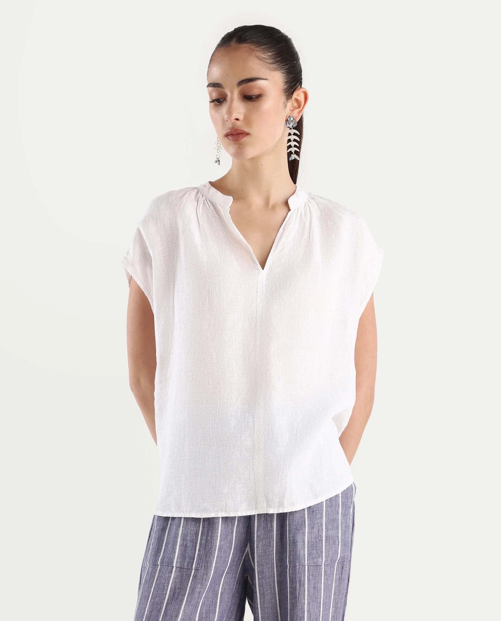 Rareism Women's Nenso White 100% Linen Extended Sleeves Mandarin Collar Relaxed Fit Plain Top