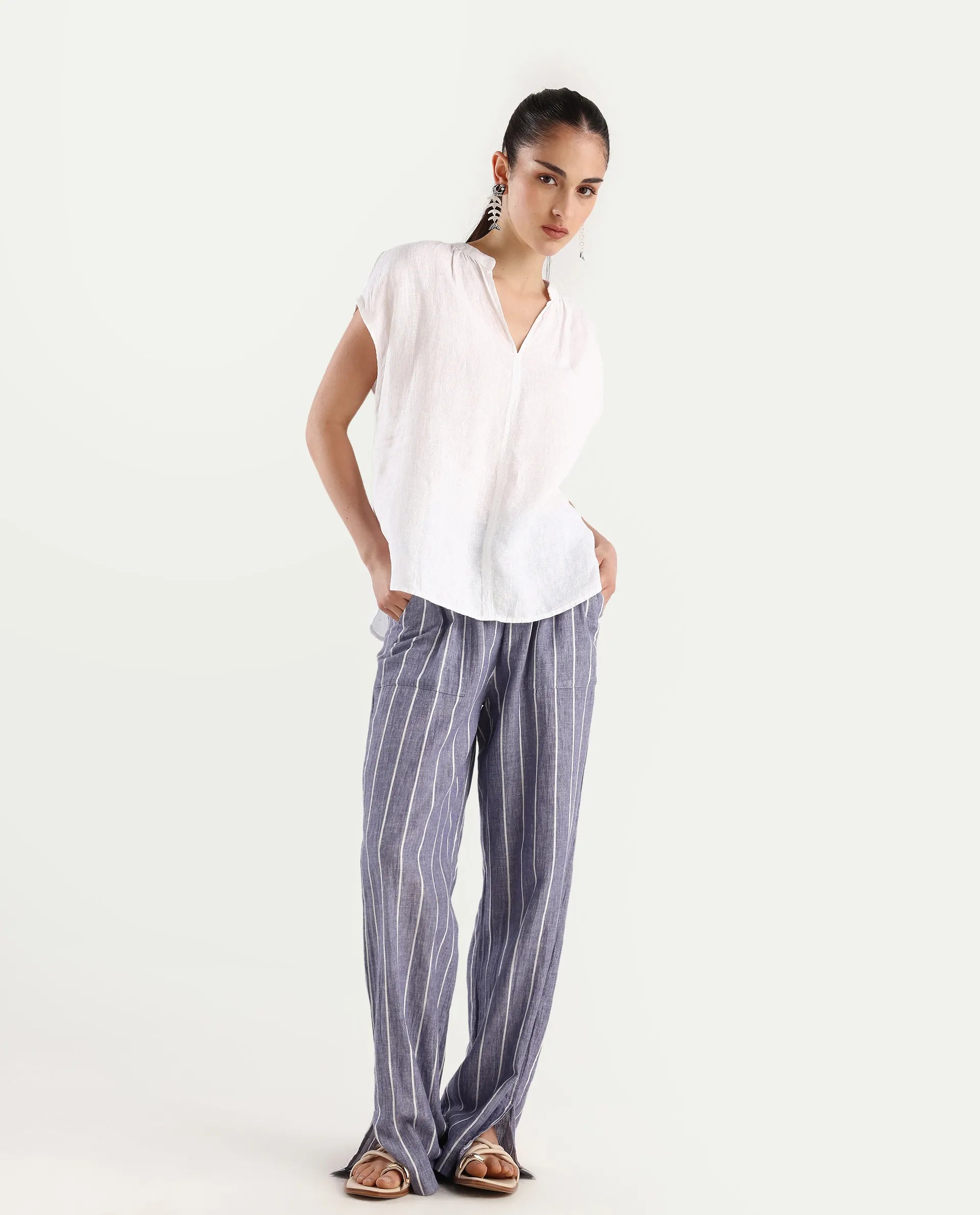 Rareism Women's Nenso White 100% Linen Extended Sleeves Mandarin Collar Relaxed Fit Plain Top