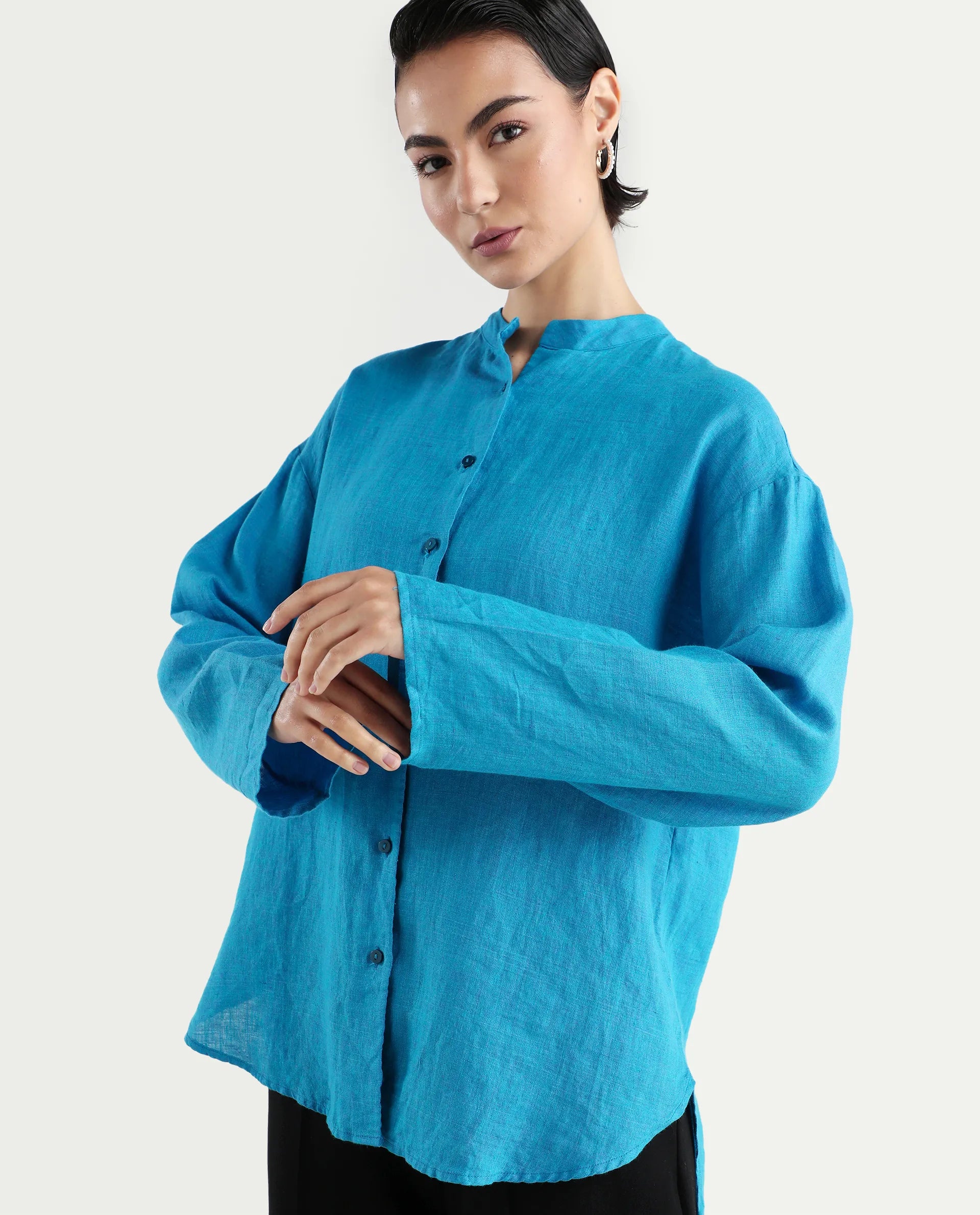 Rareism Women's Nent Blue 100% Linen Mandarin Collar Regular Fit Top