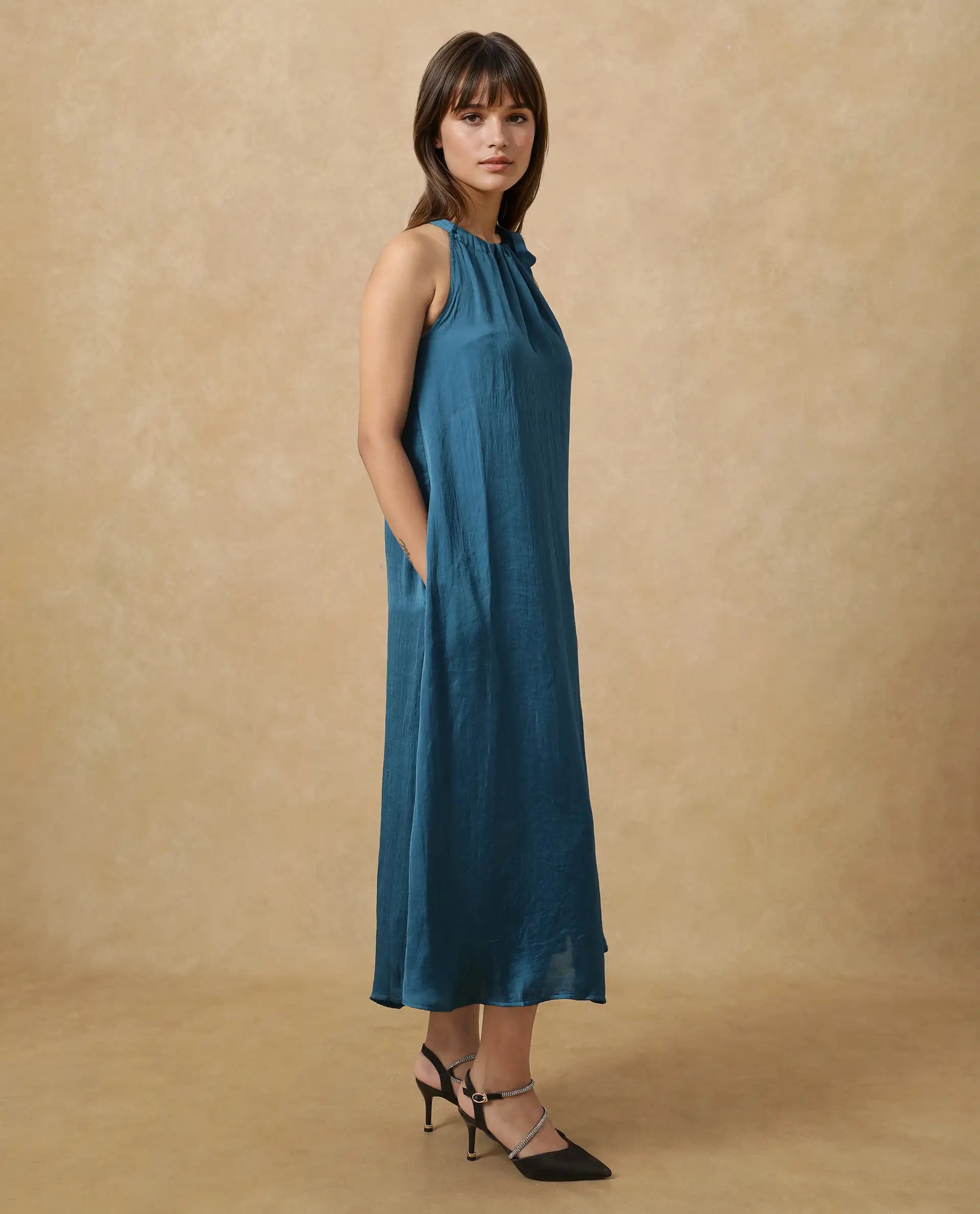 Rareism Women's Neoma Petrol Halter Neck Plain Sleeveless Midi A-Line Dress