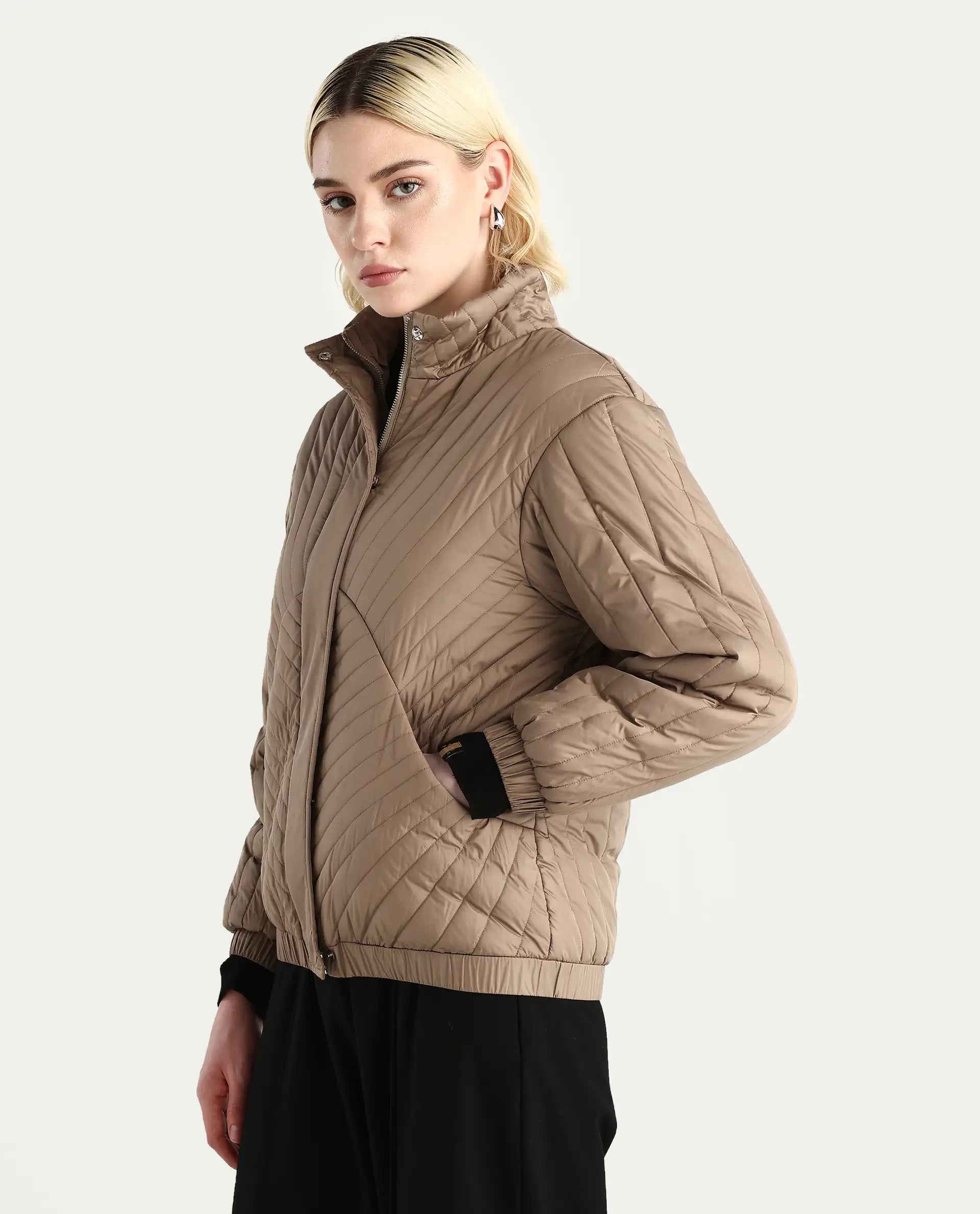 Rareism Women's Nepuf Beige Polyester Regular Sleeve High Neck Regular Fit Plain Jacket