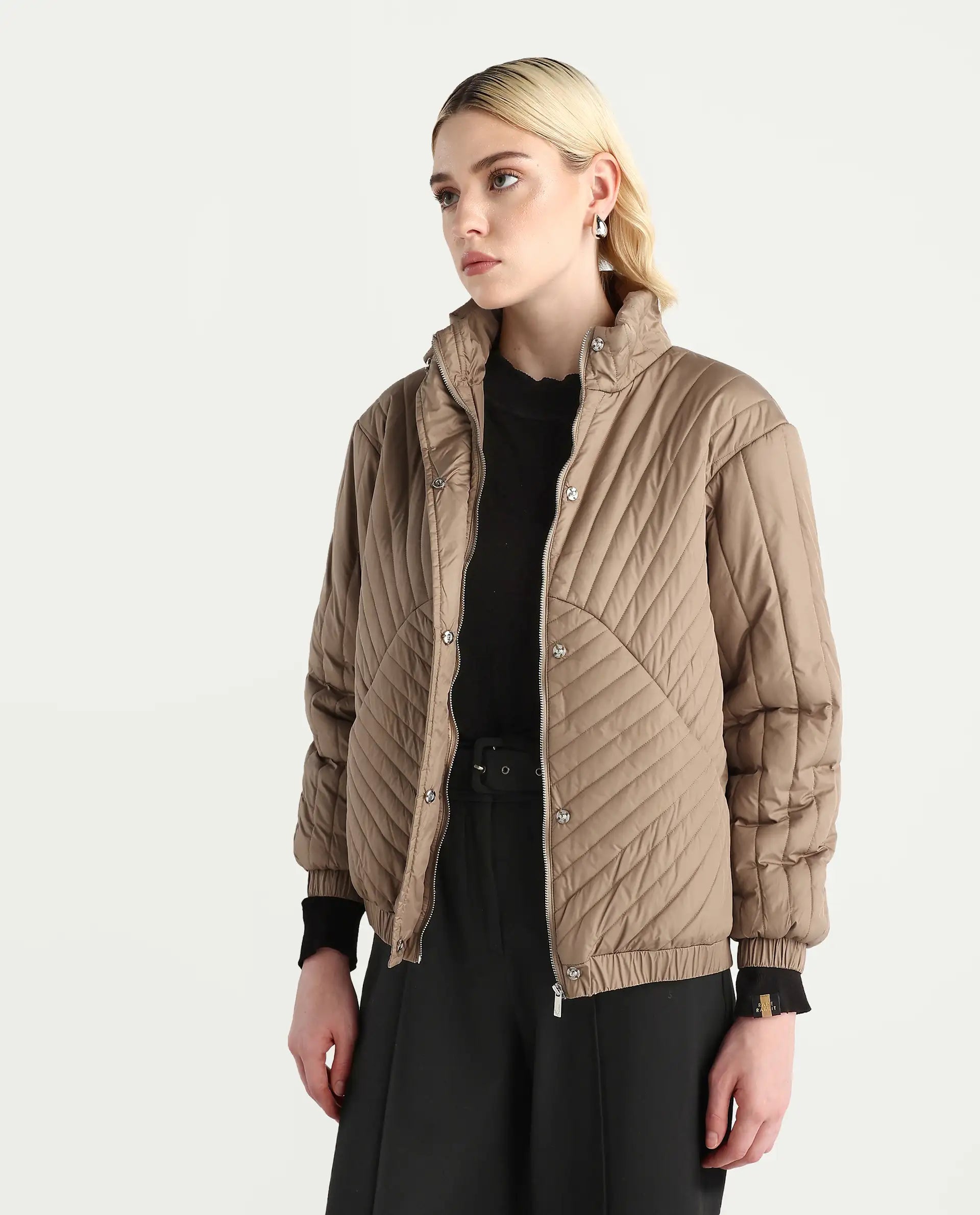Rareism Women's Nepuf Beige Polyester Regular Sleeve High Neck Regular Fit Plain Jacket