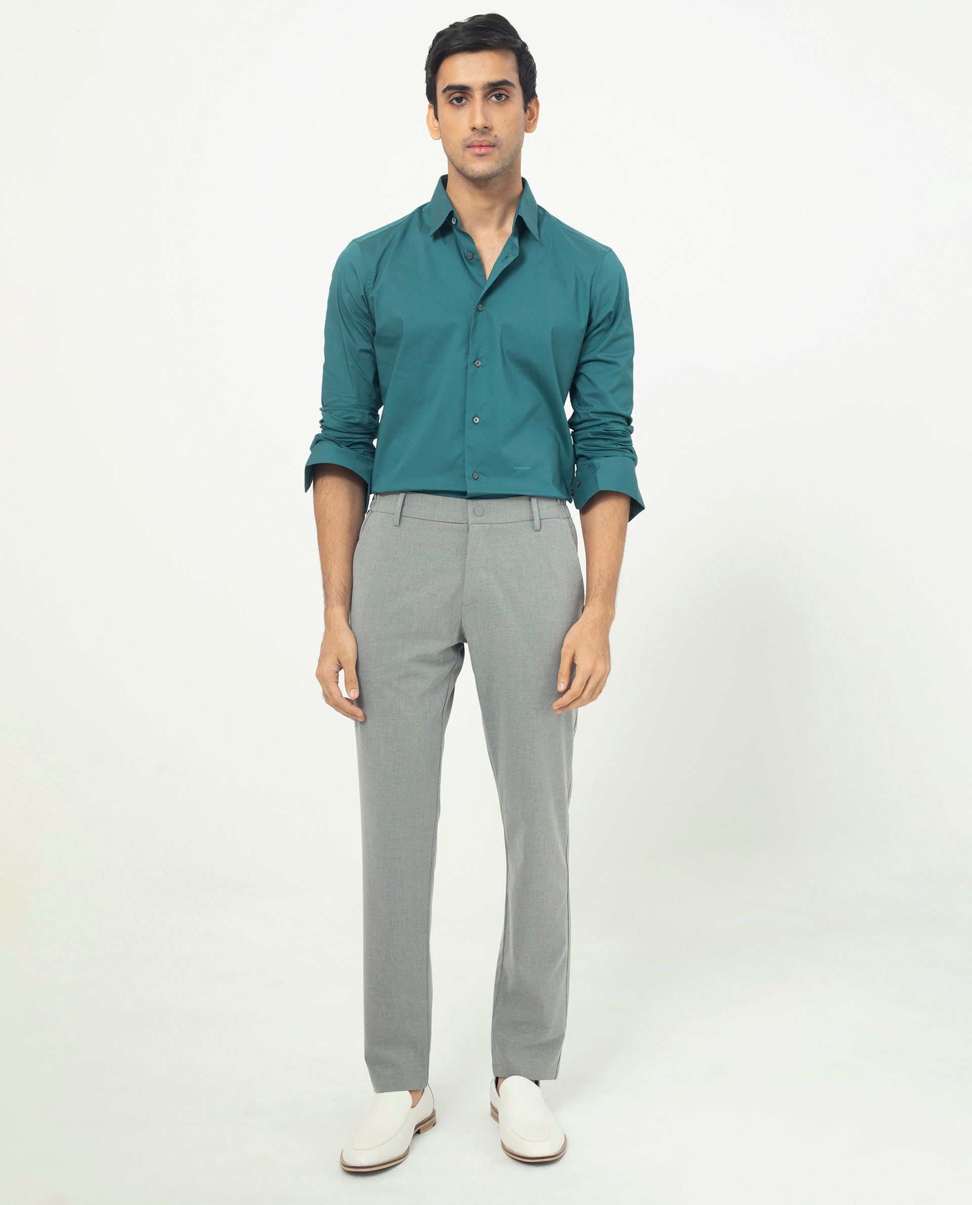 Rare Rabbit Men's Neutons Dark Green Cotton Lycra Fabric Full Sleeves Solid Shirt