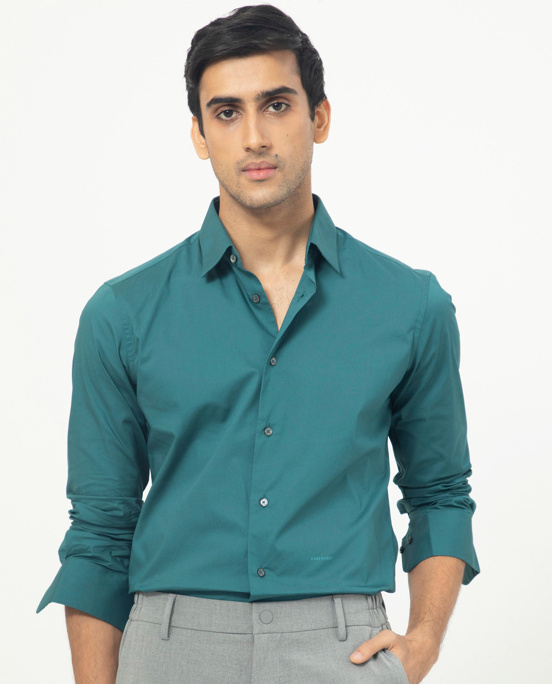 Rare Rabbit Men's Neutons Dark Green Cotton Lycra Fabric Full Sleeves Solid Shirt