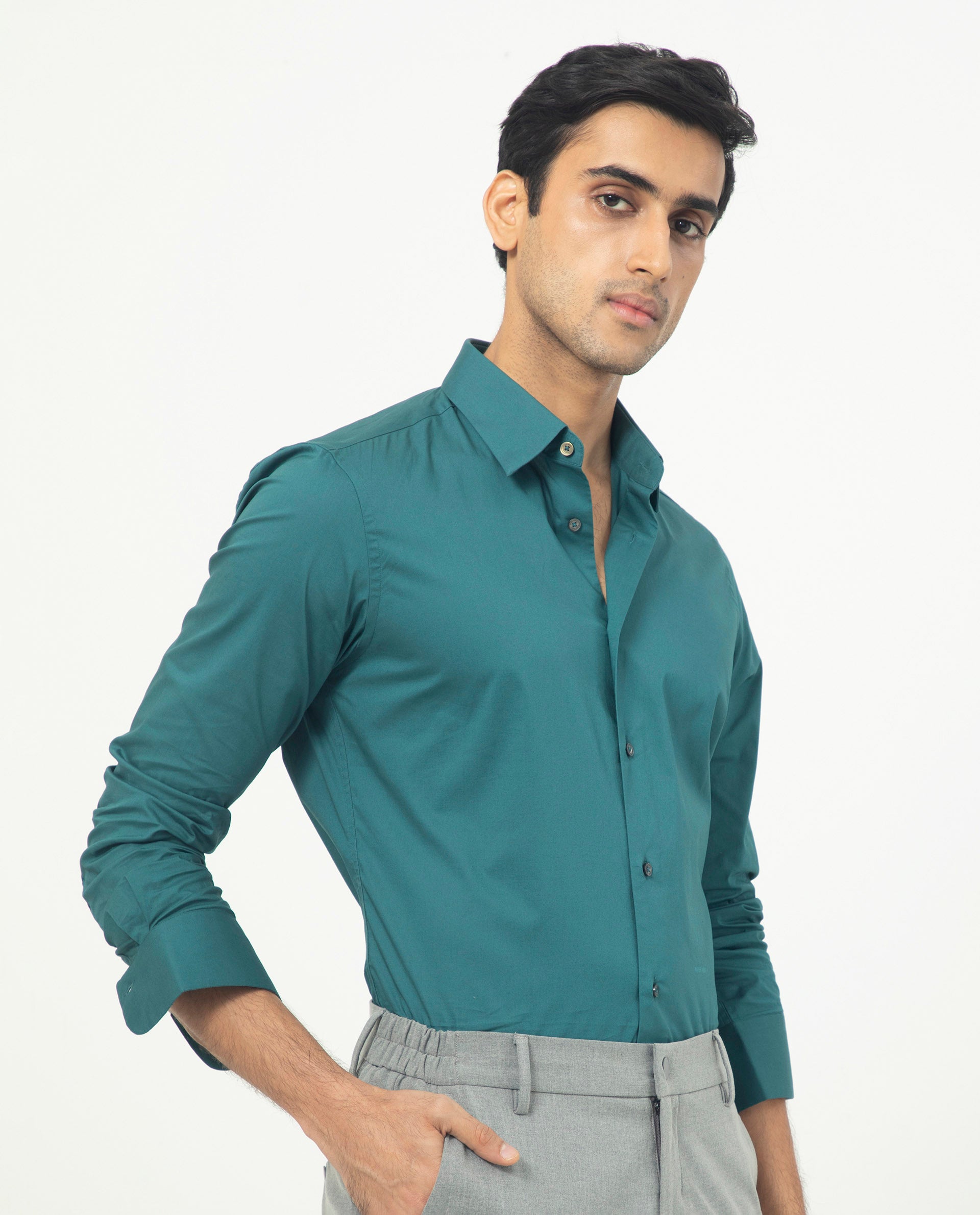 Rare Rabbit Men's Neutons Dark Green Cotton Lycra Fabric Full Sleeves Solid Shirt