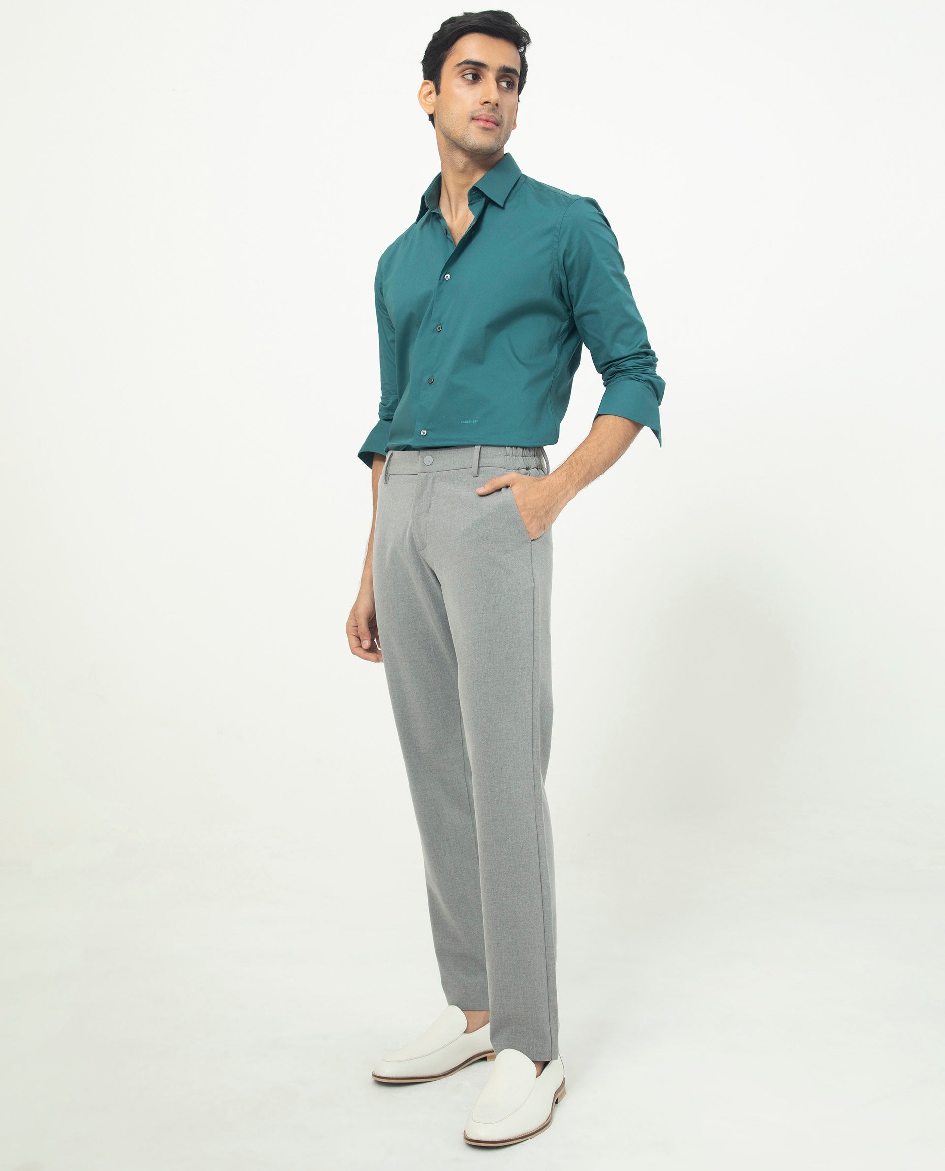 Rare Rabbit Men's Neutons Dark Green Cotton Lycra Fabric Full Sleeves Solid Shirt