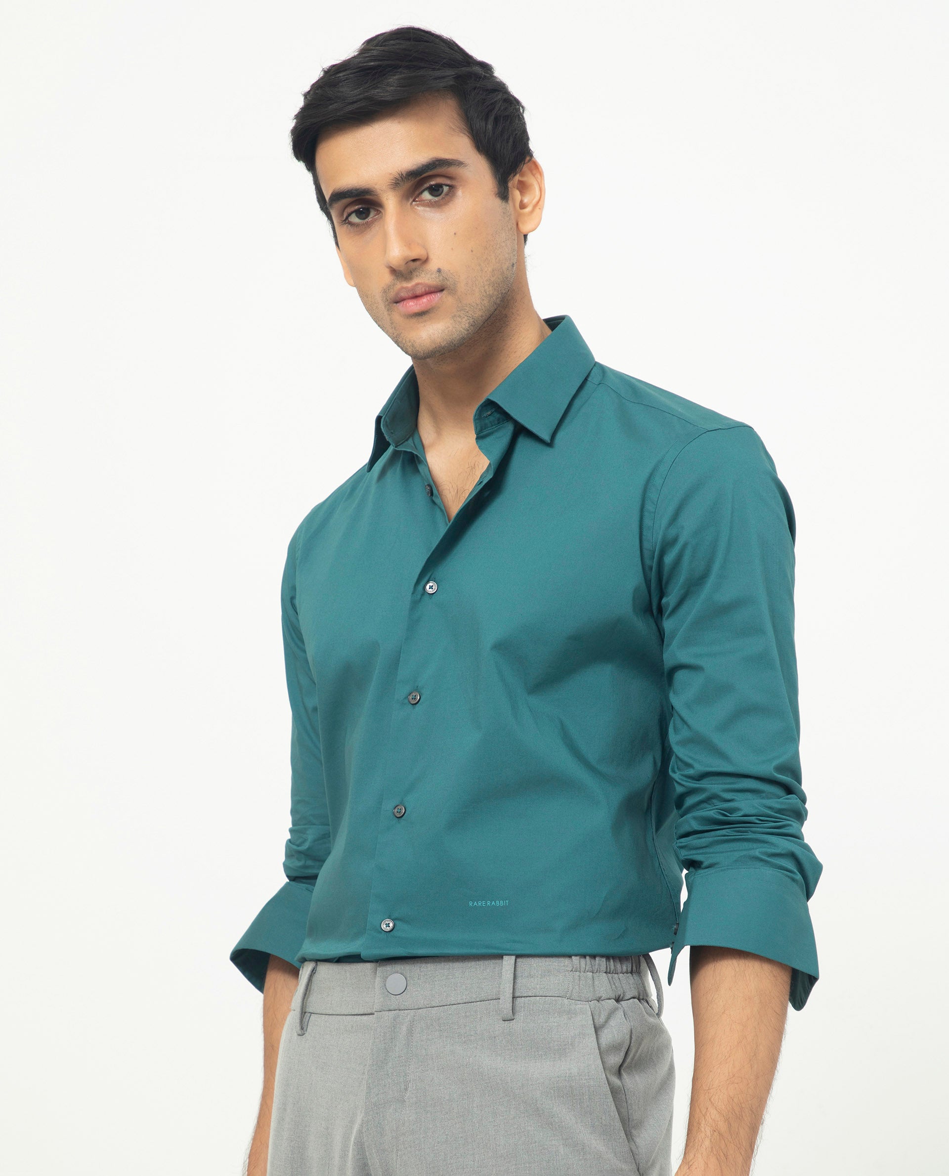 Rare Rabbit Men's Neutons Dark Green Cotton Lycra Fabric Full Sleeves Solid Shirt