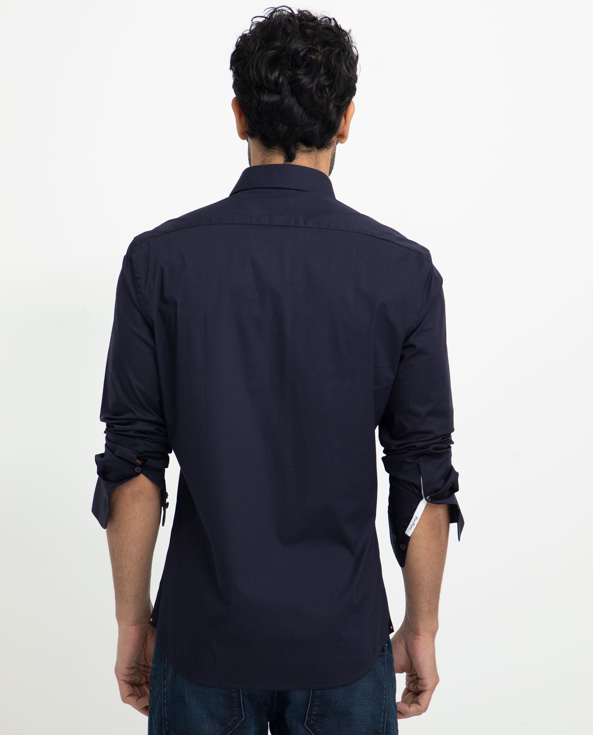 Rare Rabbit Men's Neutons Navy Cotton Lycra Fabric Full Sleeves Solid Shirt