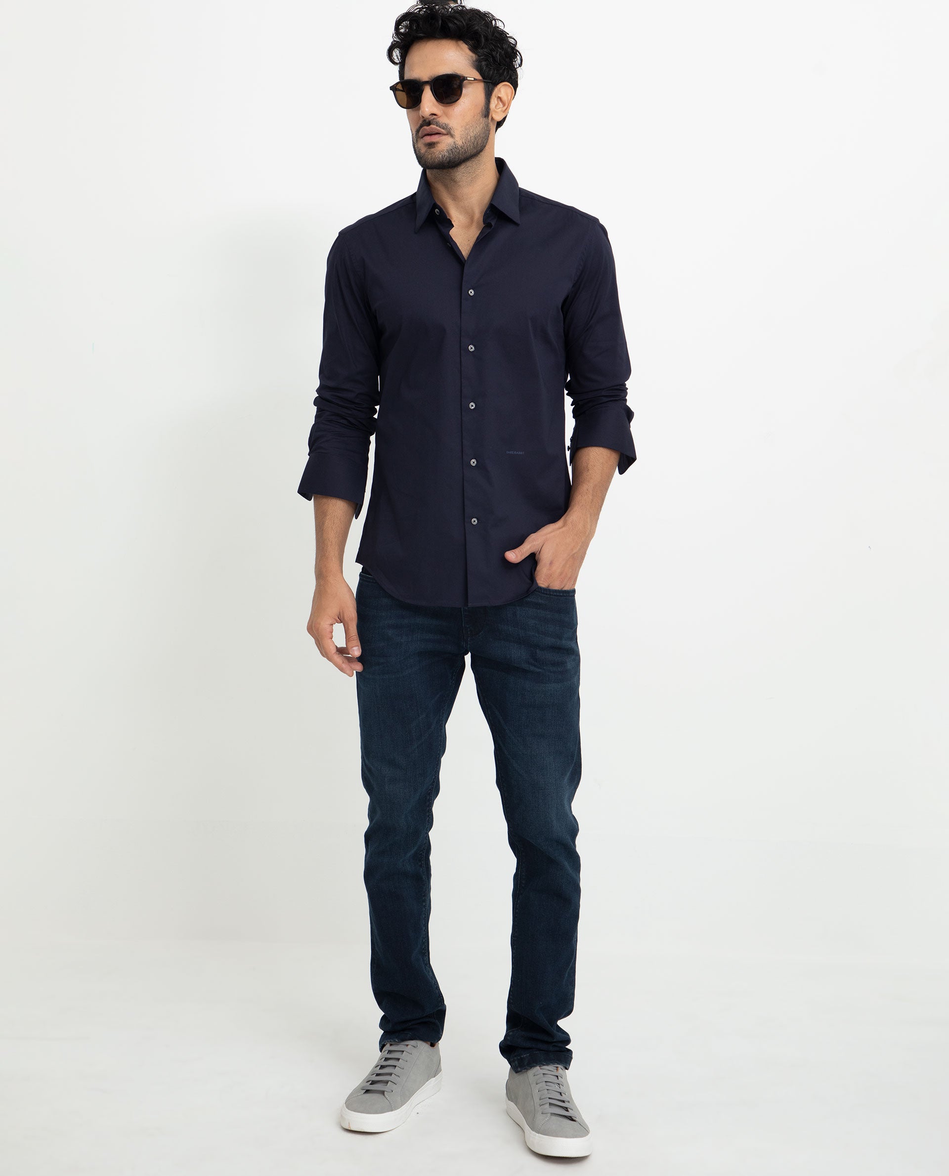 Rare Rabbit Men's Neutons Navy Cotton Lycra Fabric Full Sleeves Solid Shirt