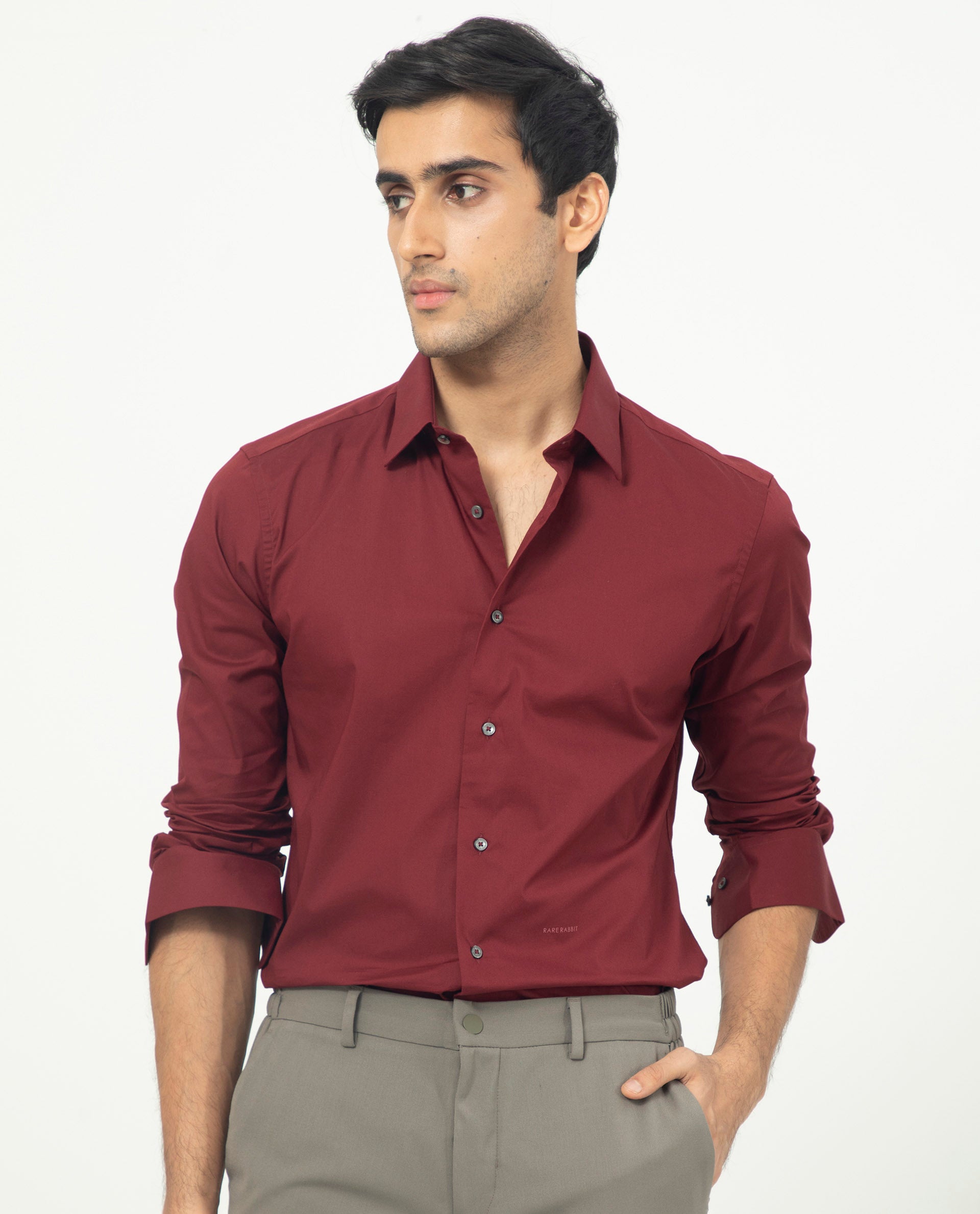 Rare Rabbit Men's Neutons Maroon Cotton Lycra Fabric Full Sleeves Solid Shirt