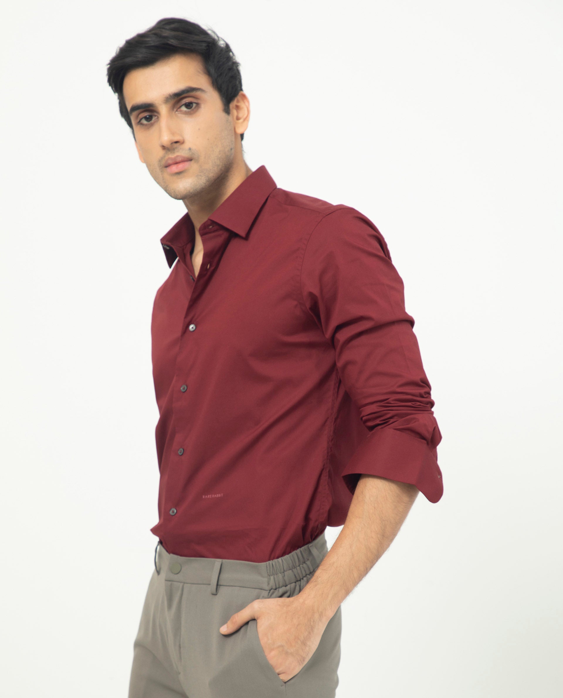 Rare Rabbit Men's Neutons Maroon Cotton Lycra Fabric Full Sleeves Solid Shirt