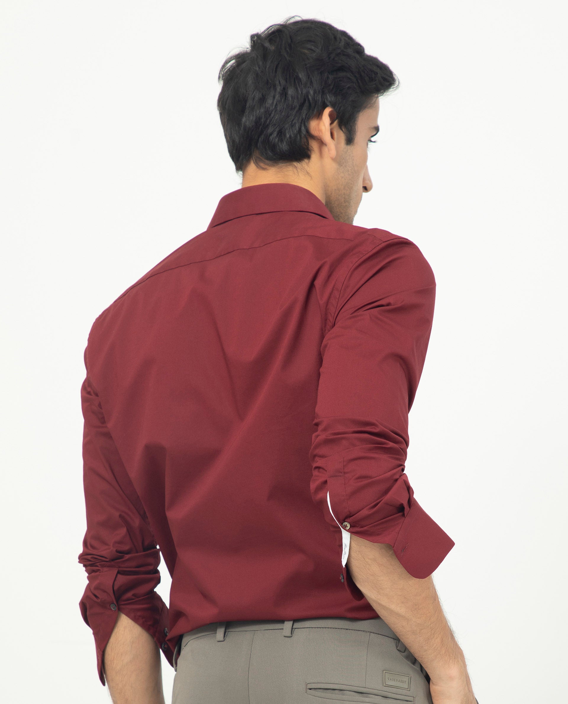 Rare Rabbit Men's Neutons Maroon Cotton Lycra Fabric Full Sleeves Solid Shirt