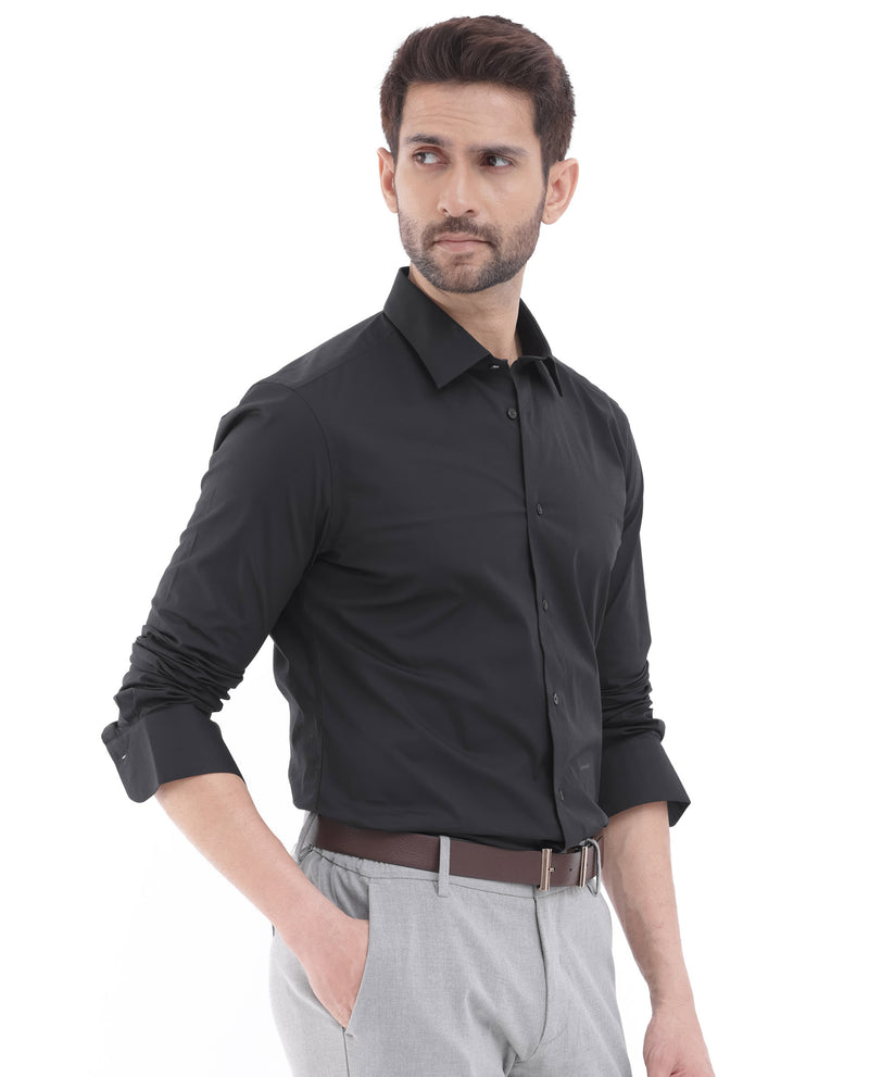 Rare Rabbit Men's Neutron-8 Black Cotton Polyester Fabric Full Sleeves Solid Shirt
