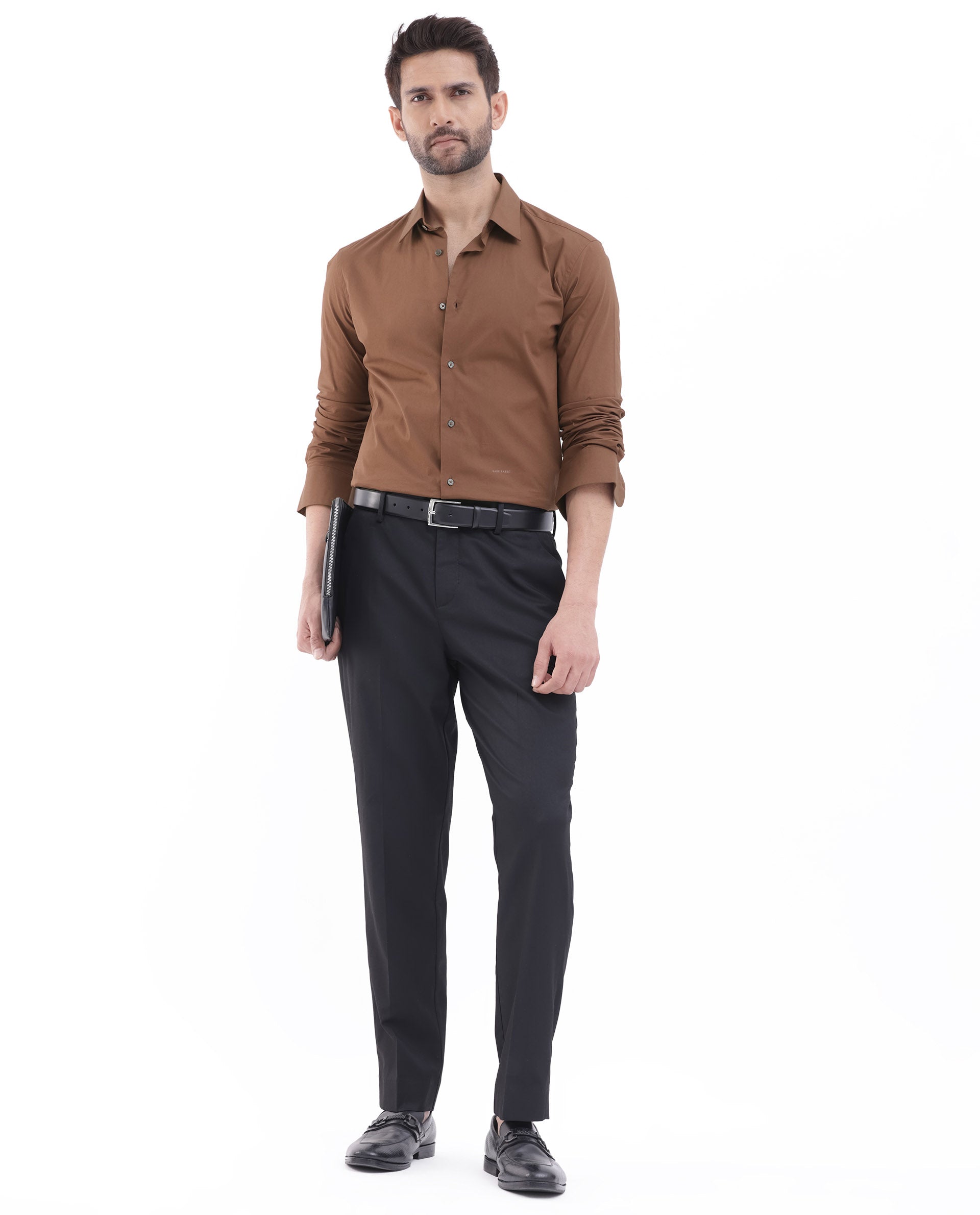 Rare Rabbit Men's Neutron-8 Brown Cotton Polyester Fabric Full Sleeves Solid Shirt