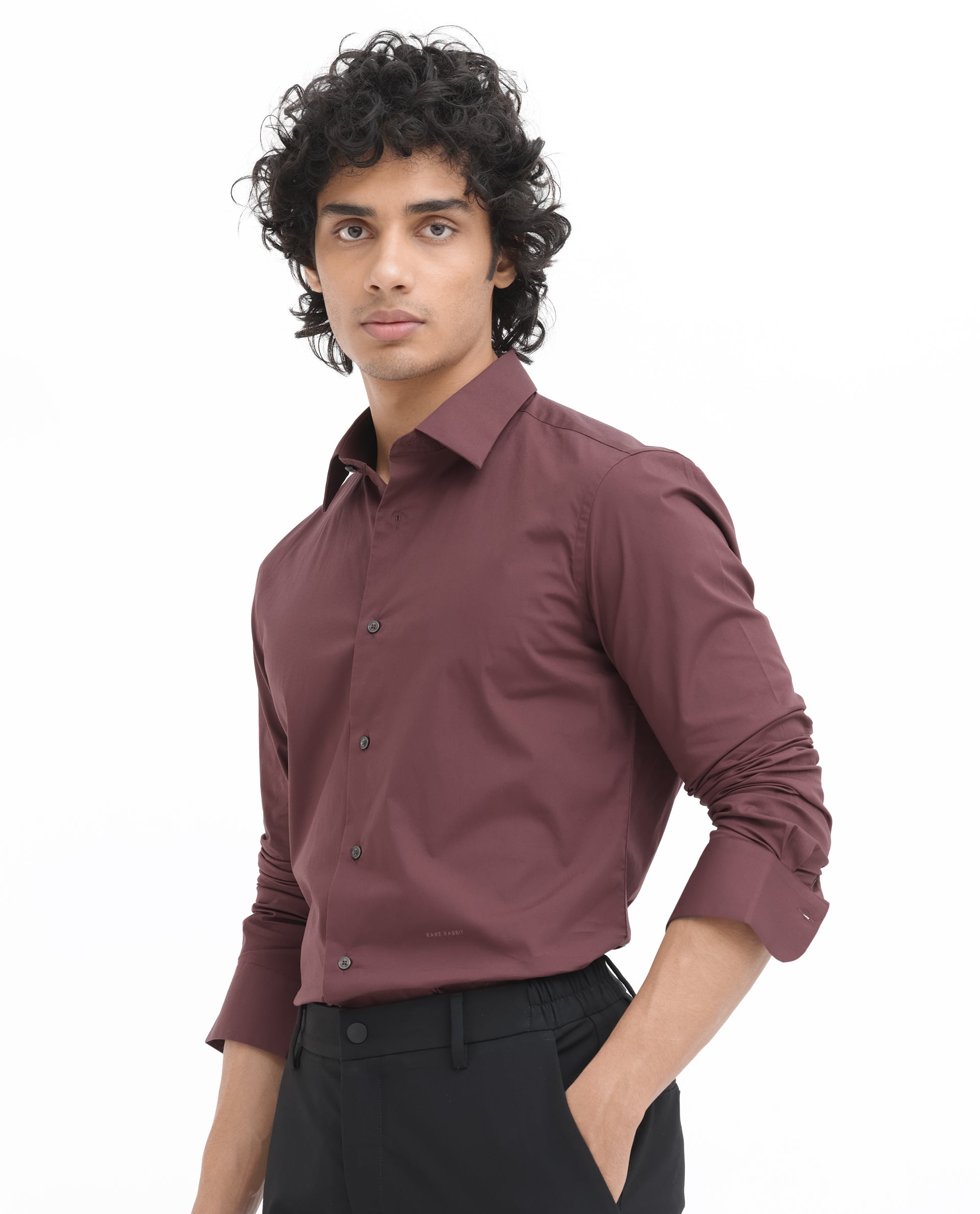 Rare Rabbit Men's Neutron-8 Dark Maroon Cotton Polyester Fabric Full Sleeves Solid Shirt