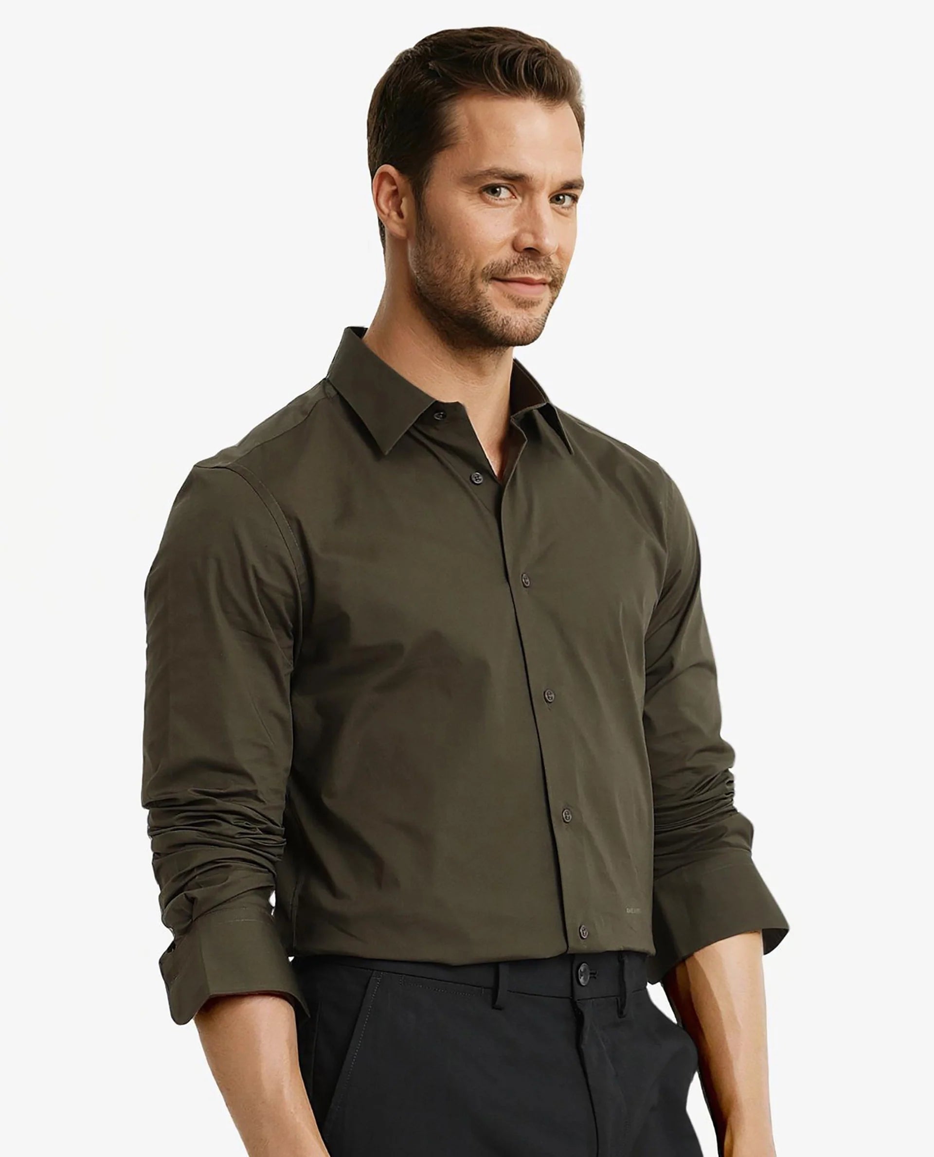 Rare Rabbit Men Neutron-9 Olive Cotton Fabric Full Sleeves Regular Fit Solid Shirt