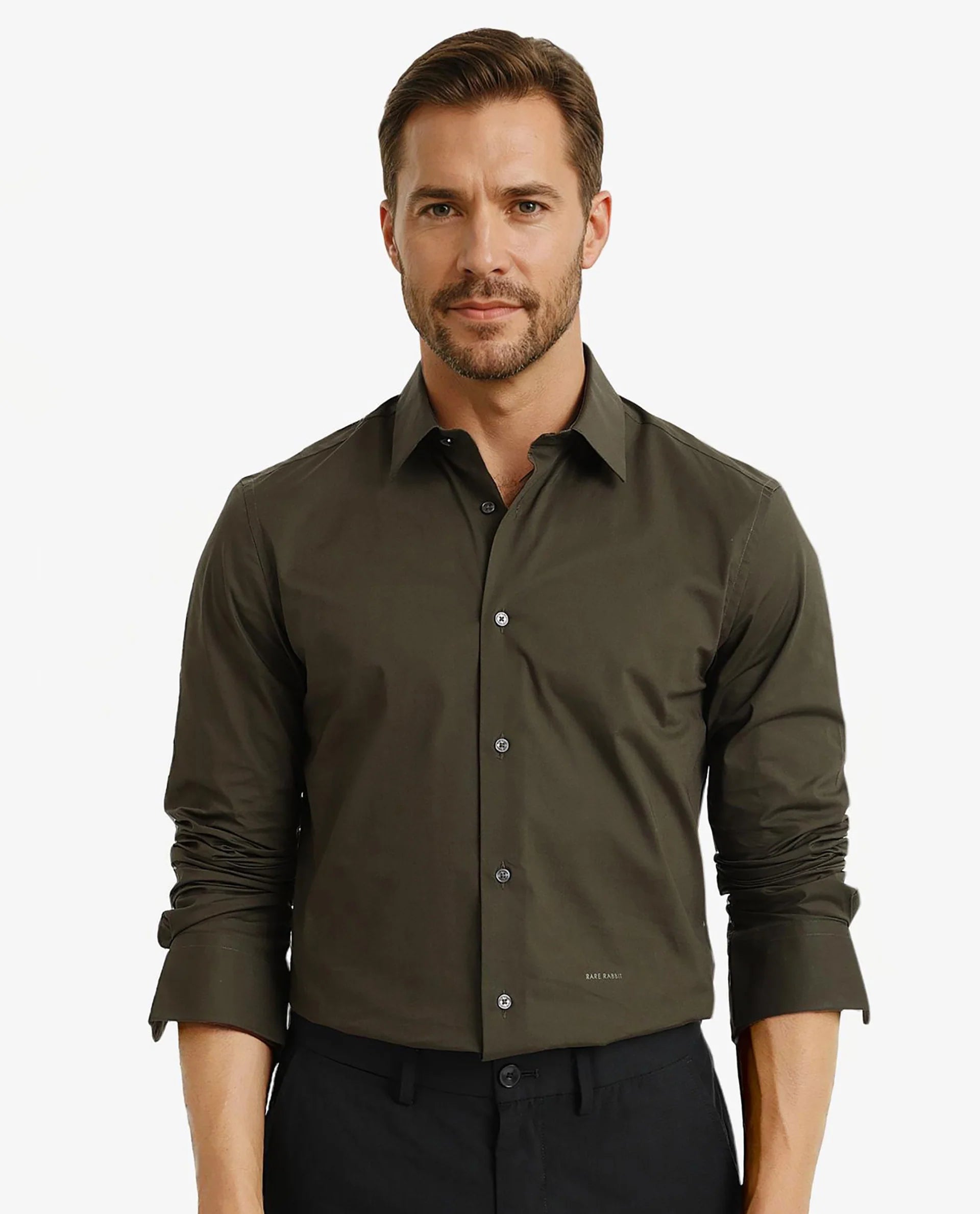 Rare Rabbit Men Neutron-9 Olive Cotton Fabric Full Sleeves Regular Fit Solid Shirt