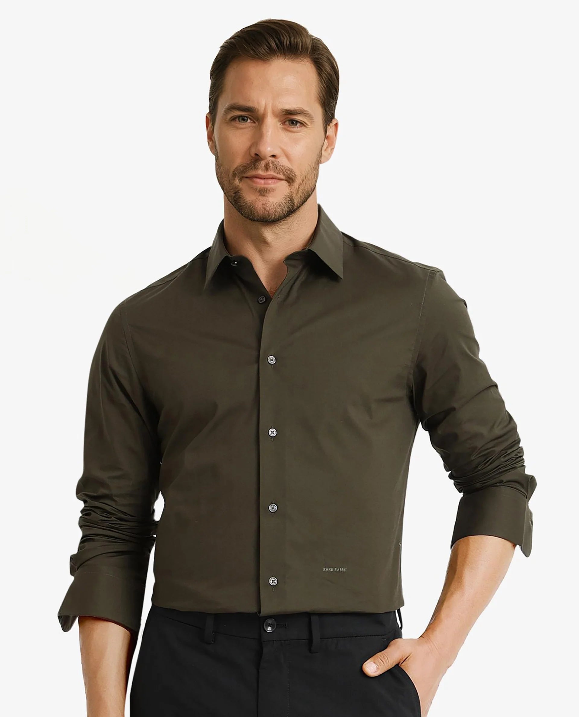 Rare Rabbit Men Neutron-9 Olive Cotton Fabric Full Sleeves Regular Fit Solid Shirt
